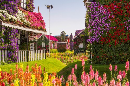 Papermoon Fototapete »BLUMENSTRAßE-WUNDERGARTEN PARK DUBAI HÄUSER PFLANZ« günstig online kaufen