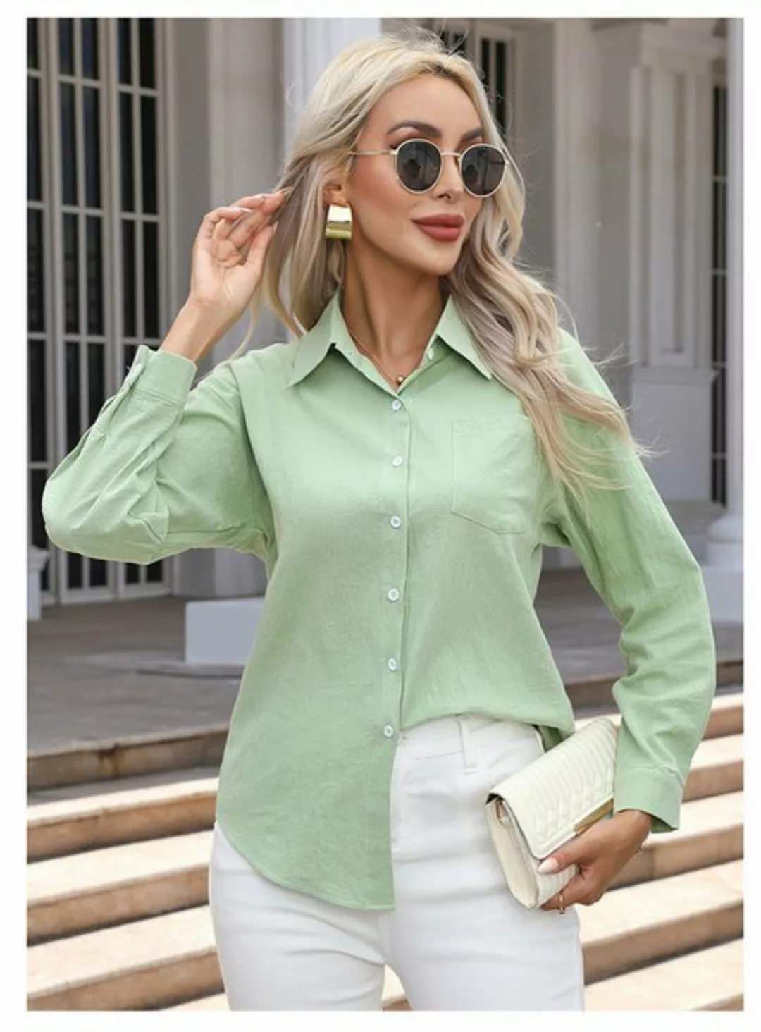 RUZU UG Hemdbluse Einfarbiges, langärmliges, lockeres Freizeithemd (1-tlg) günstig online kaufen