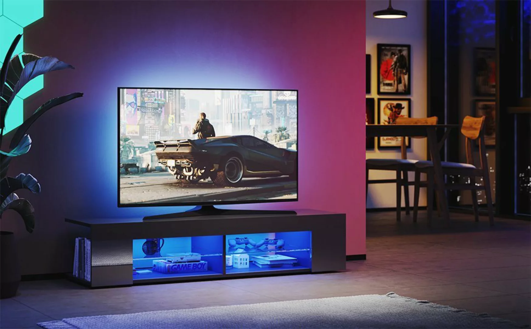 SONNI TV-Schrank TV-Lowboard Breite 135cm Schwarz Hochglanz mit LED Beleuch günstig online kaufen