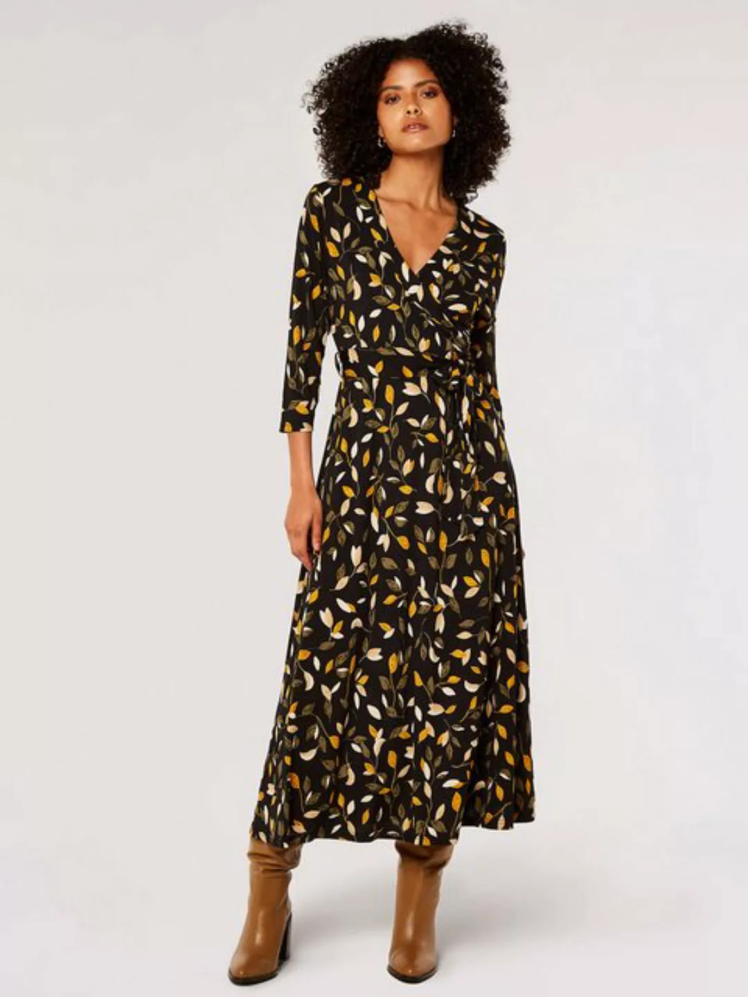 Apricot Druckkleid Leaf Silhouette Wrap Dress, (2-tlg., Stoffgürtel) mit Bi günstig online kaufen