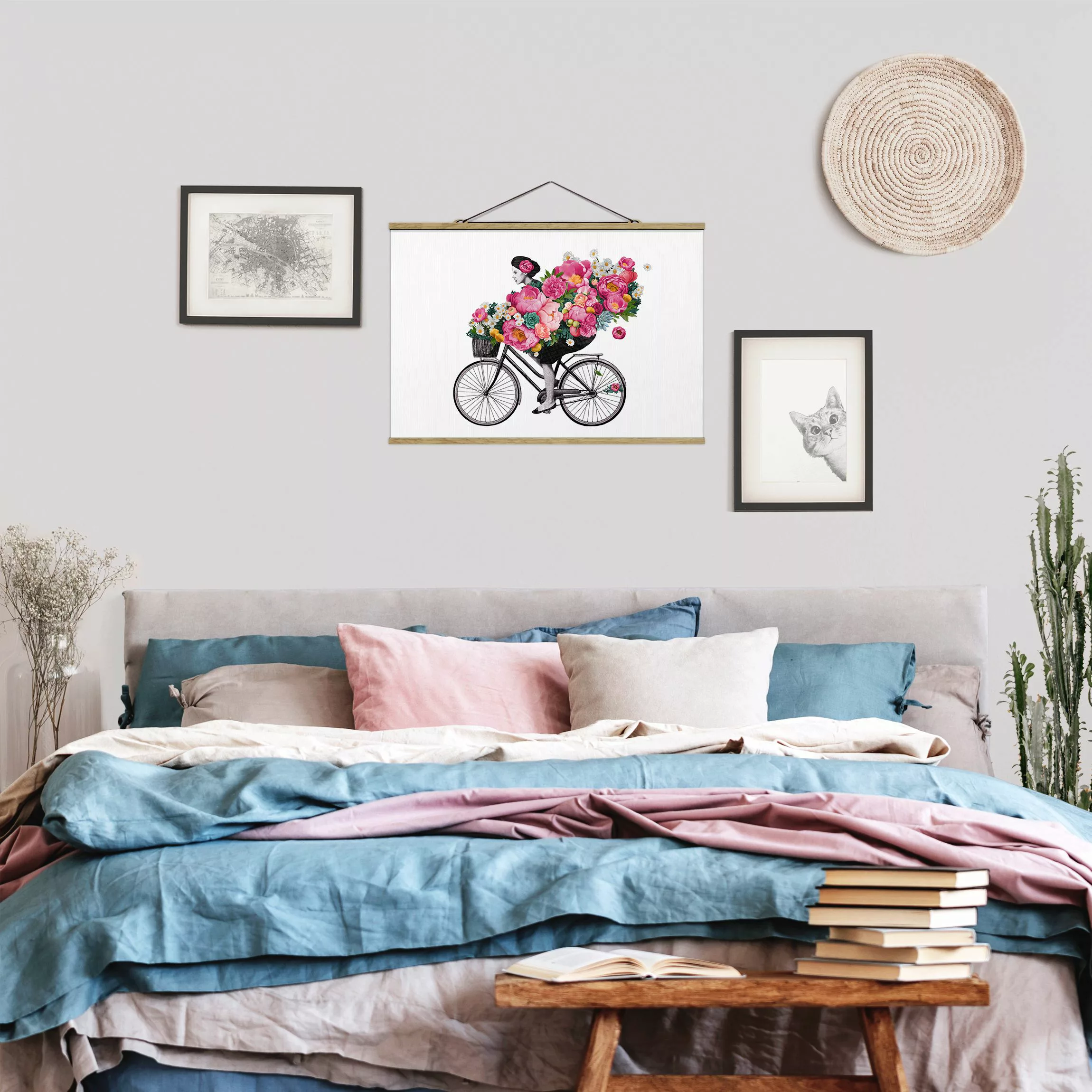 Stoffbild Blumen mit Posterleisten - Querformat Illustration Frau auf Fahrr günstig online kaufen