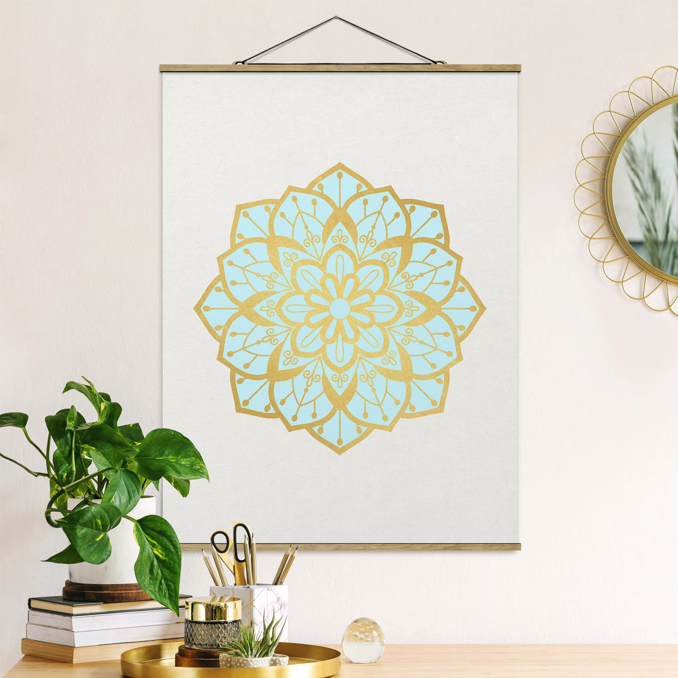 Stoffbild Mandala mit Posterleisten - Hochformat Mandala Illustration Blüte günstig online kaufen