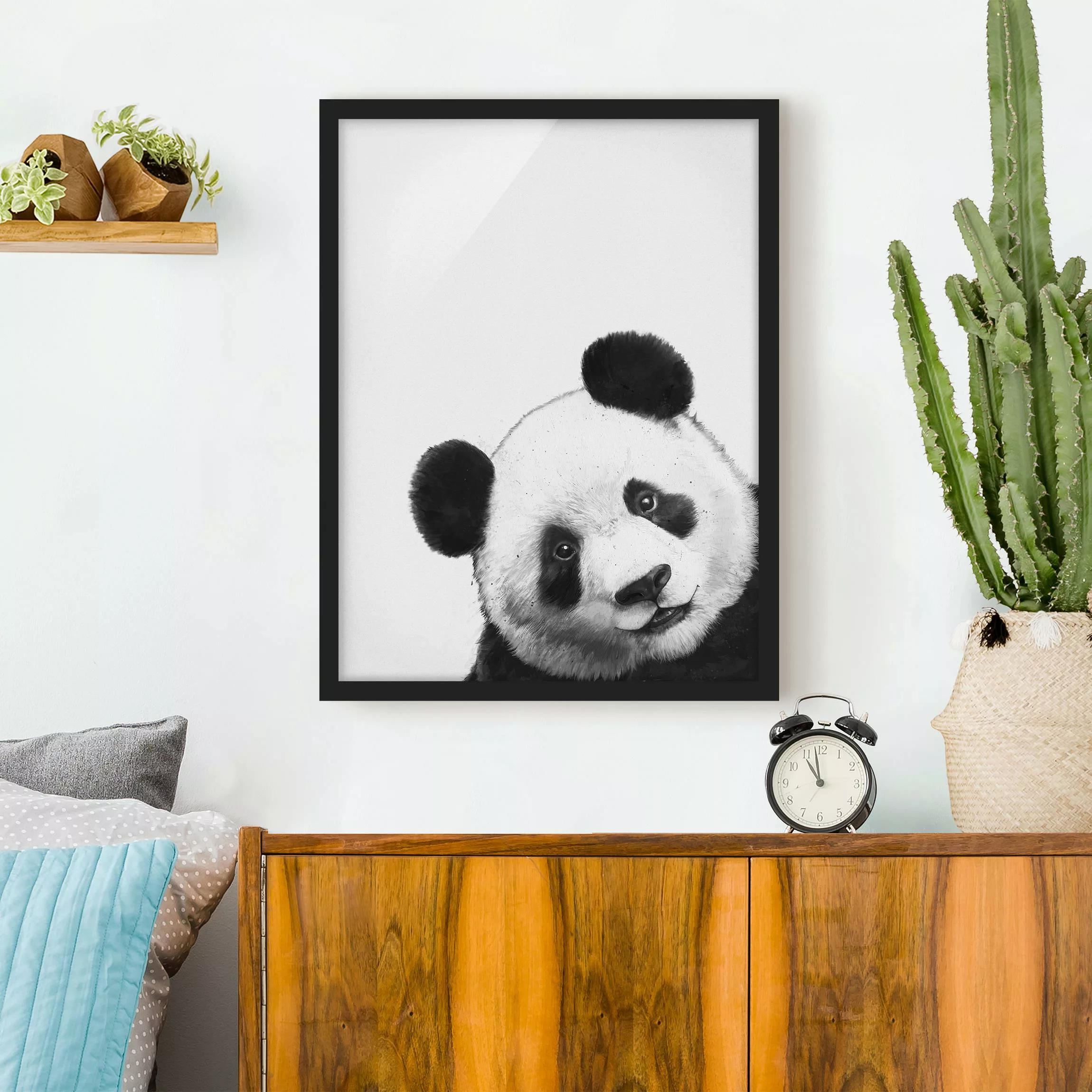 Bild mit Rahmen Tiere - Hochformat Illustration Panda Schwarz Weiß Malerei günstig online kaufen