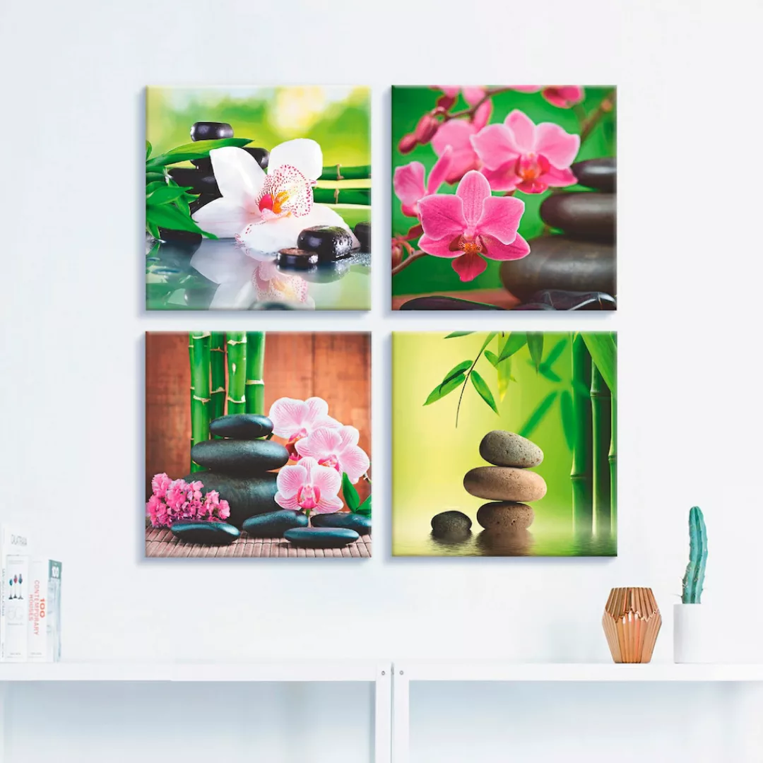 Artland Leinwandbild "Spa Bambus Zweige Zen Steine", Zen, (4 St.), 4er Set, günstig online kaufen