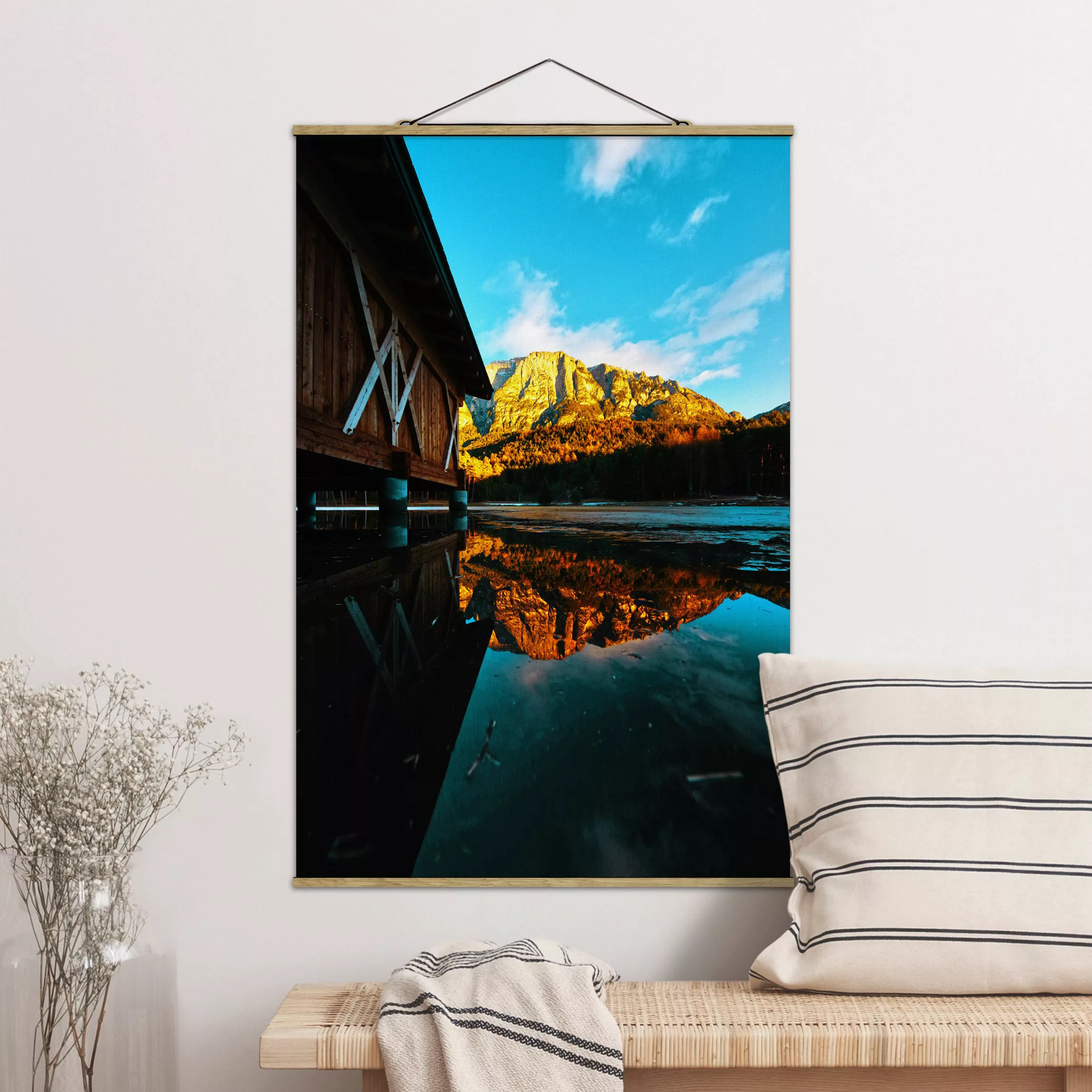 Stoffbild mit Posterleisten Bergspiegelung in den Dolomiten günstig online kaufen
