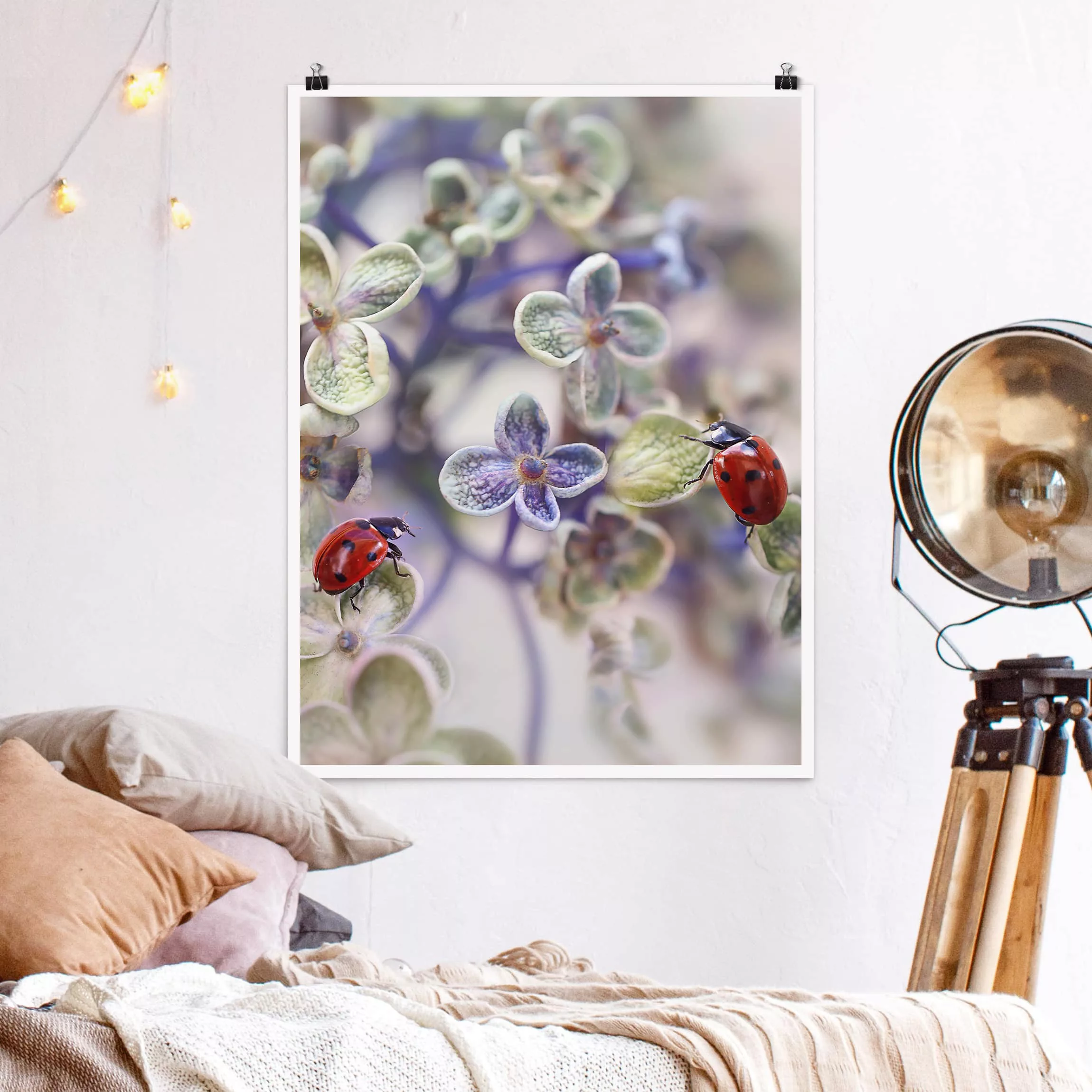 Poster Blumen - Hochformat Marienkäfer im Garten günstig online kaufen
