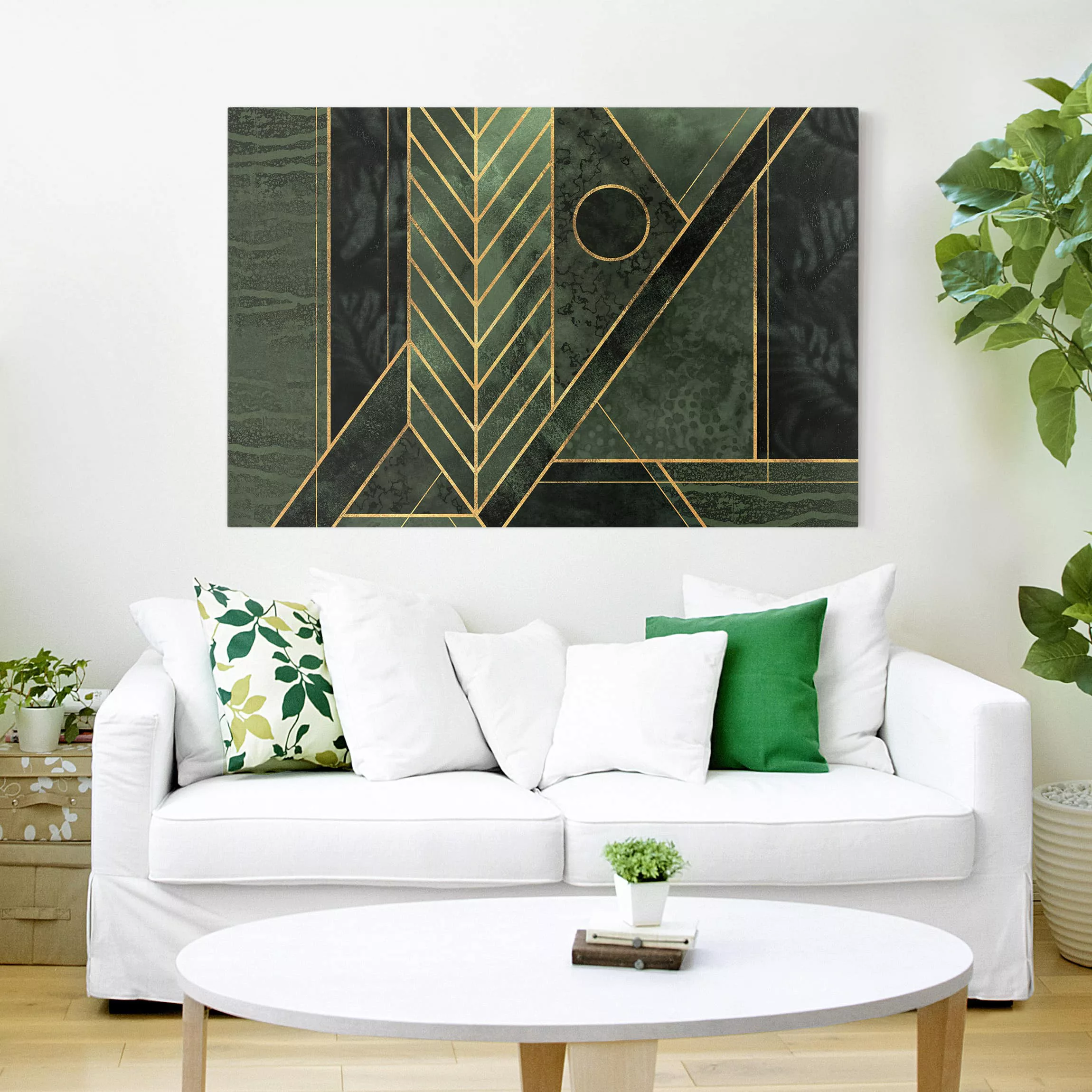 Leinwandbild Abstrakt - Querformat Geometrische Formen Smaragd Gold günstig online kaufen