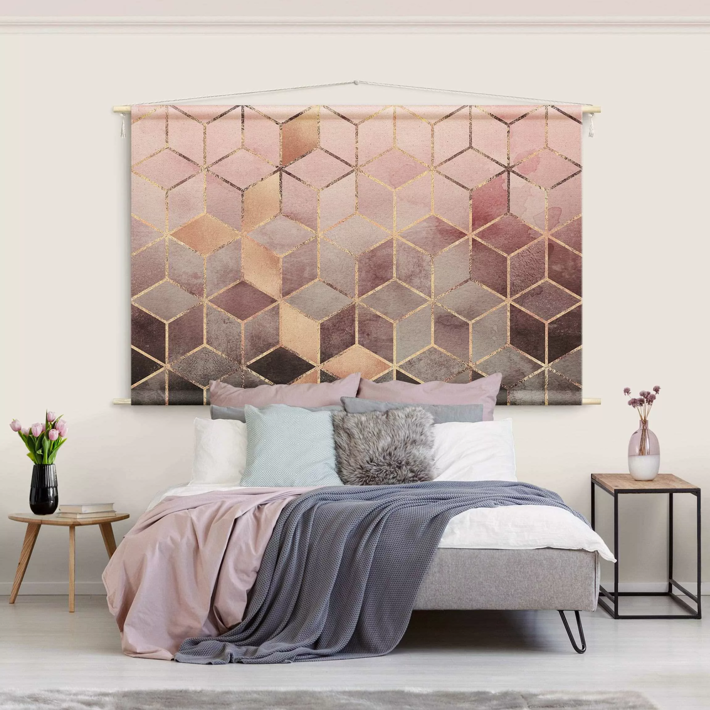 Wandteppich Rosa Grau goldene Geometrie günstig online kaufen