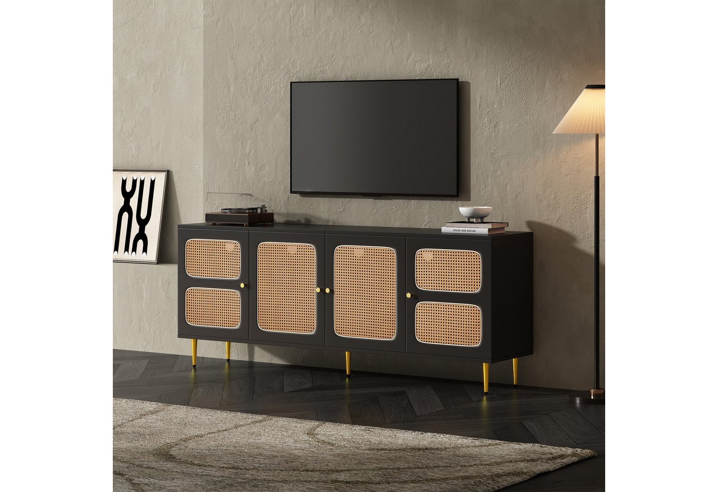 HAUSS SPLOE TV-Schrank 180x40x72cm mit 4 Rattantüren, für bis zu 80 Zoll Fe günstig online kaufen
