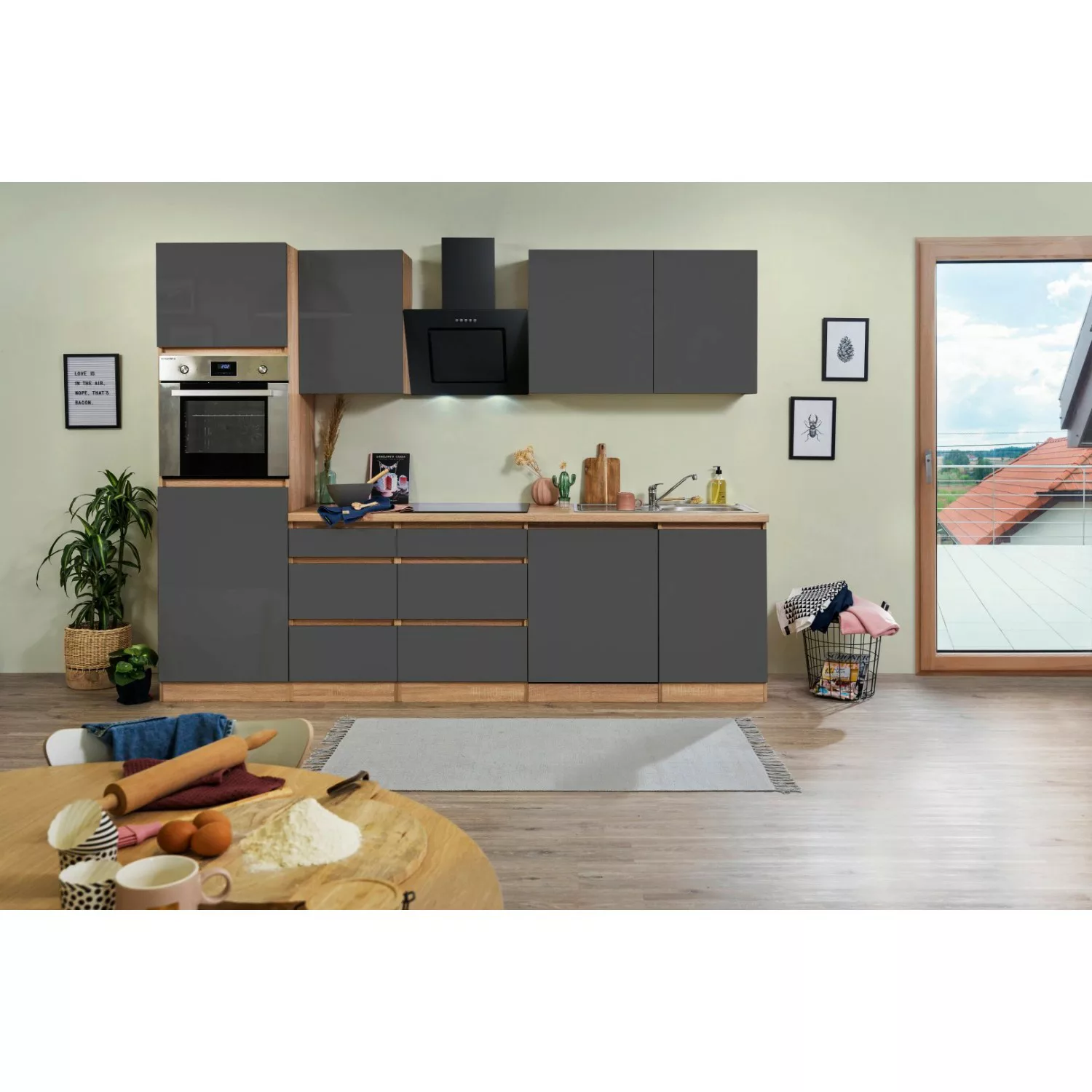 Respekta Küchenzeile ohne E-Geräte 280 cm Grifflos Grau Hochglanz-Eiche Säg günstig online kaufen