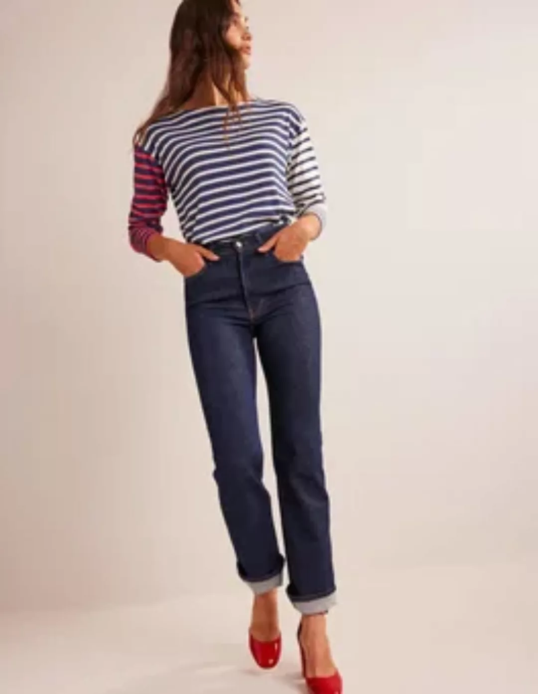 Hoch geschnittene Jeans mit klassisch geradem Bein Damen Boden, Rinse Wasch günstig online kaufen