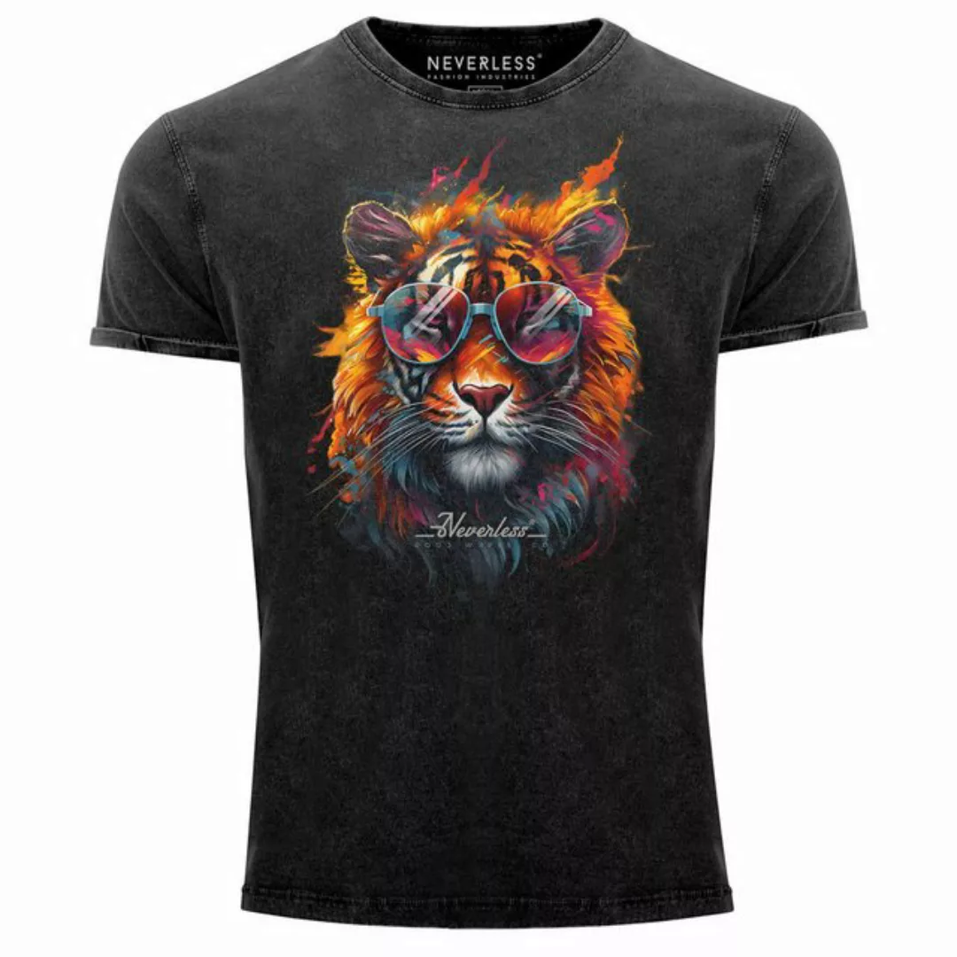 Neverless Print-Shirt Herren Vintage Shirt Tiger Print Aufdruck Flammen Som günstig online kaufen