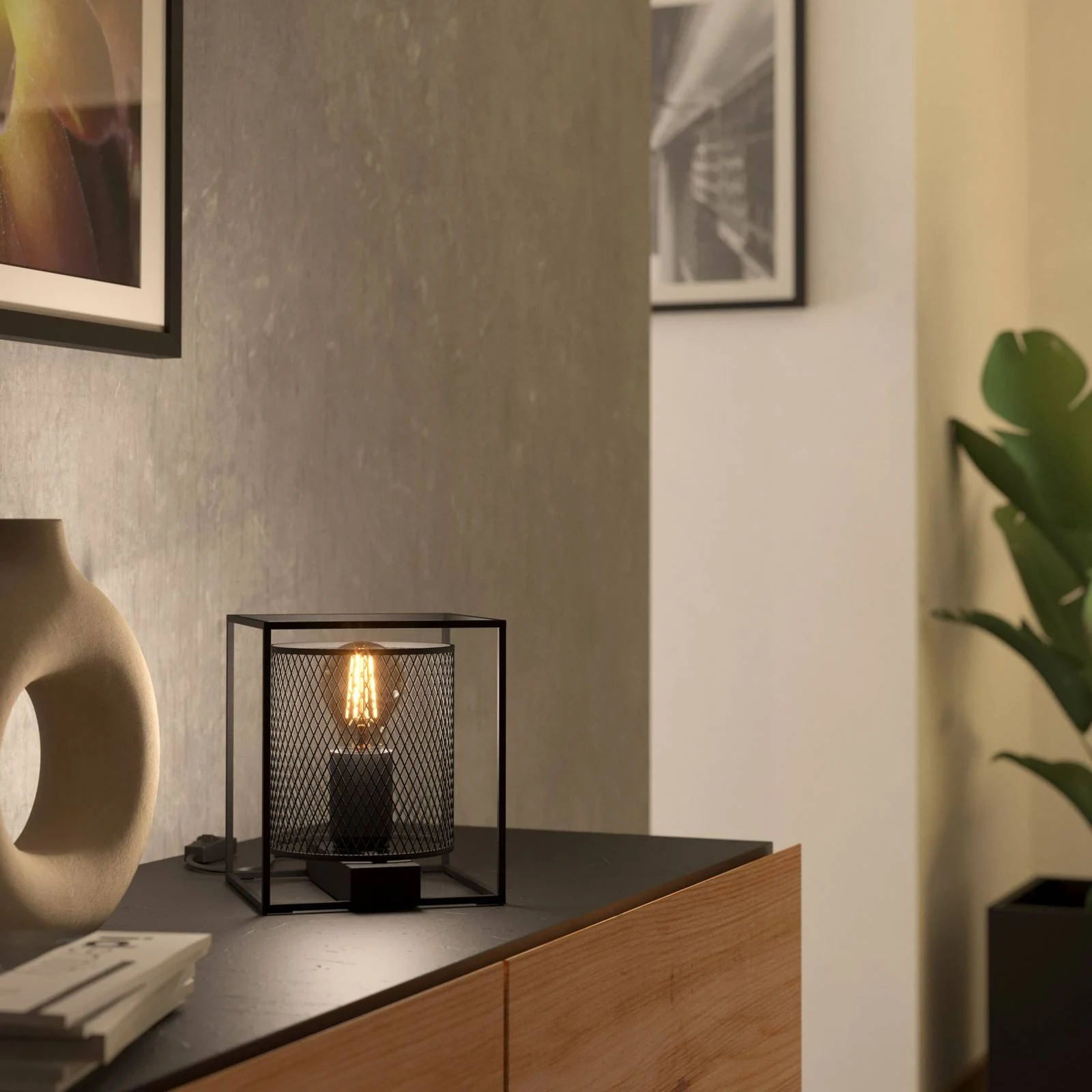 Tischleuchte Catterick, schwarz, ein Käfigschirm günstig online kaufen