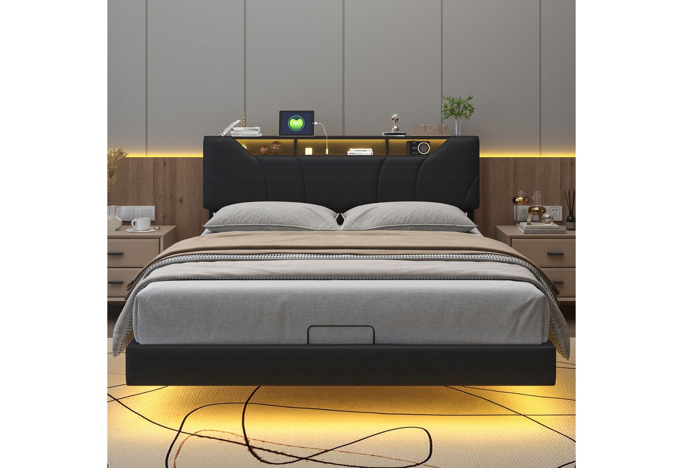 FUROKOY Polsterbett Schwarzes hydraulisches Bett Lagerbett Hängebett LED-Be günstig online kaufen