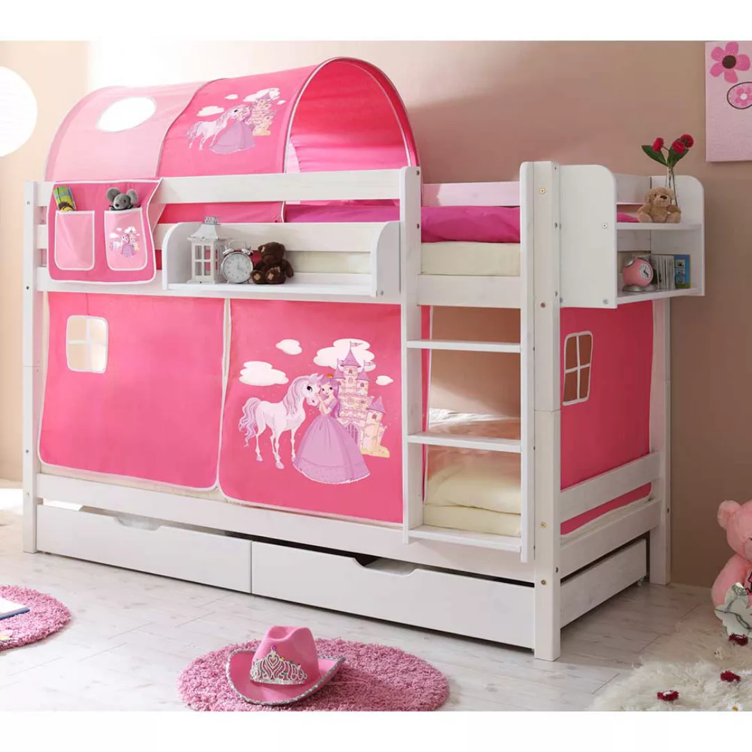 Kinderhochbett aus Kiefer Massivholz in Weiß Webstoff in Rosa und Pink günstig online kaufen