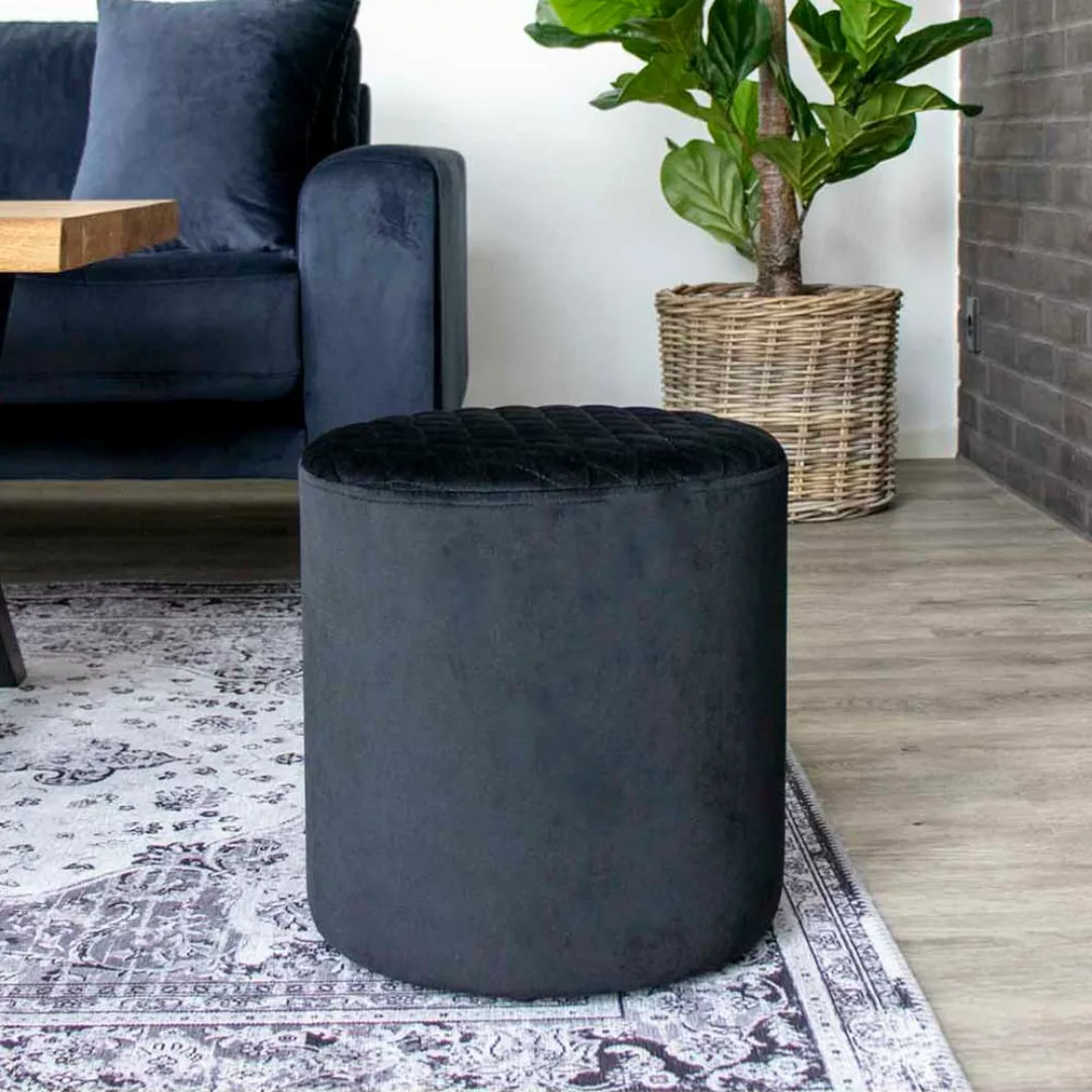 Schwarzer Samt Hocker in runder Form Sitzfläche gesteppt günstig online kaufen