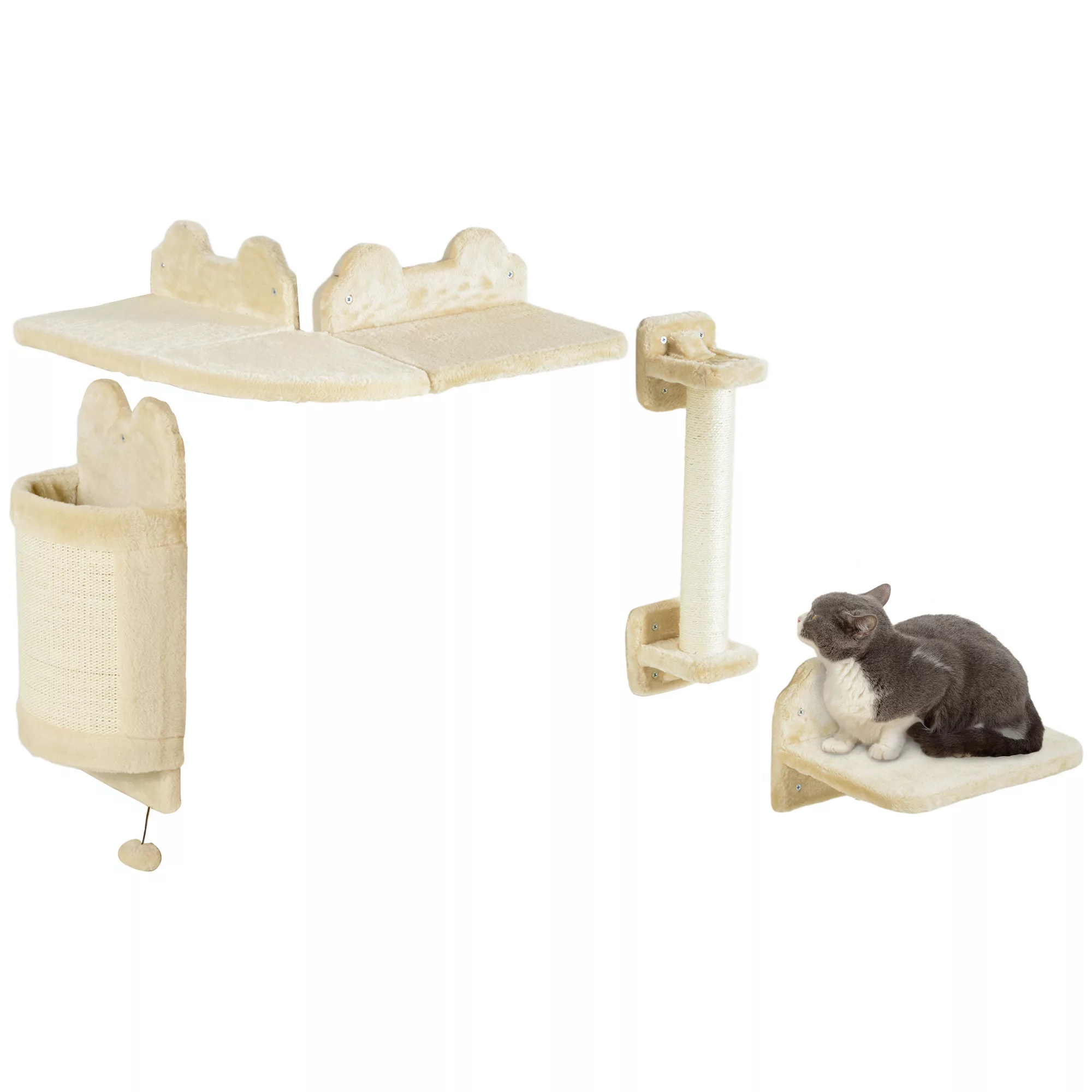 PawHut Katzen Kletterwand Set, 4-teilig Katzenmöbel mit Sitzplattform, Eckp günstig online kaufen