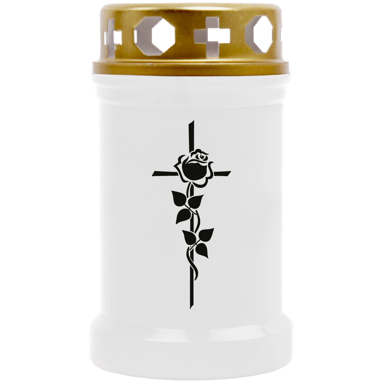 HS Candle Grabkerze Weiß 40h Inkl. Deckel Gold Rose Kreuz günstig online kaufen