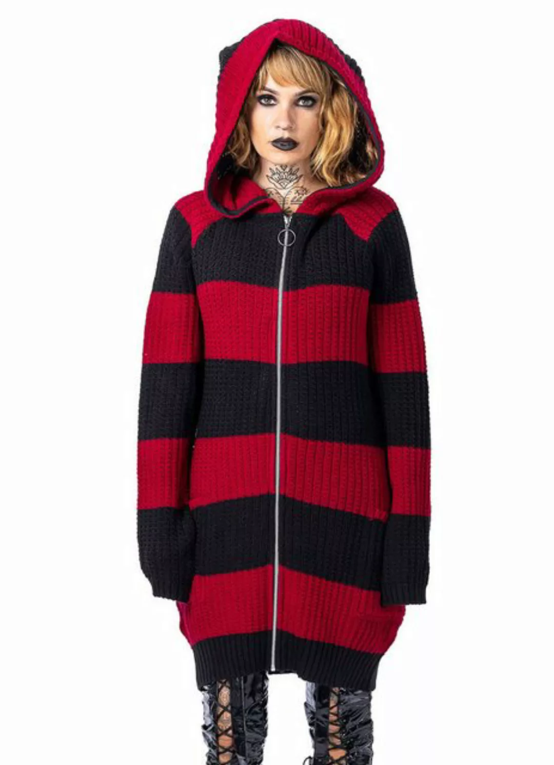 Poizen Industries Strickjacke Esther Cardigan Schwarz-Rot Gestreift Punk Go günstig online kaufen