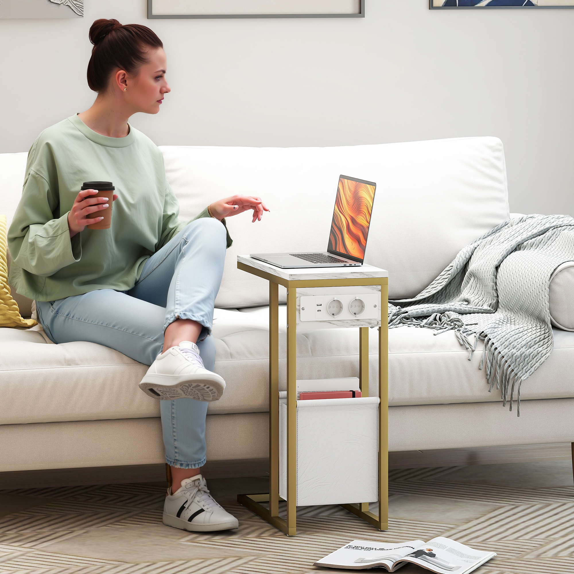 HOMCOM Beistelltisch mit Ladestation, schmaler C-Form Beistelltisch mit Sto günstig online kaufen