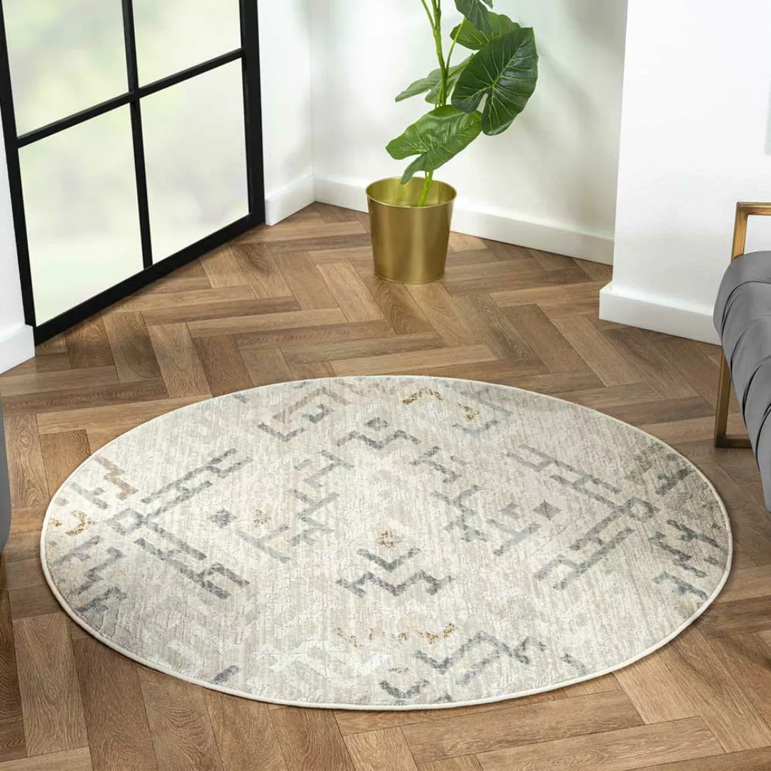 Heller Muster Teppich rund aus Kurzflor 120 cm Durchmesser günstig online kaufen