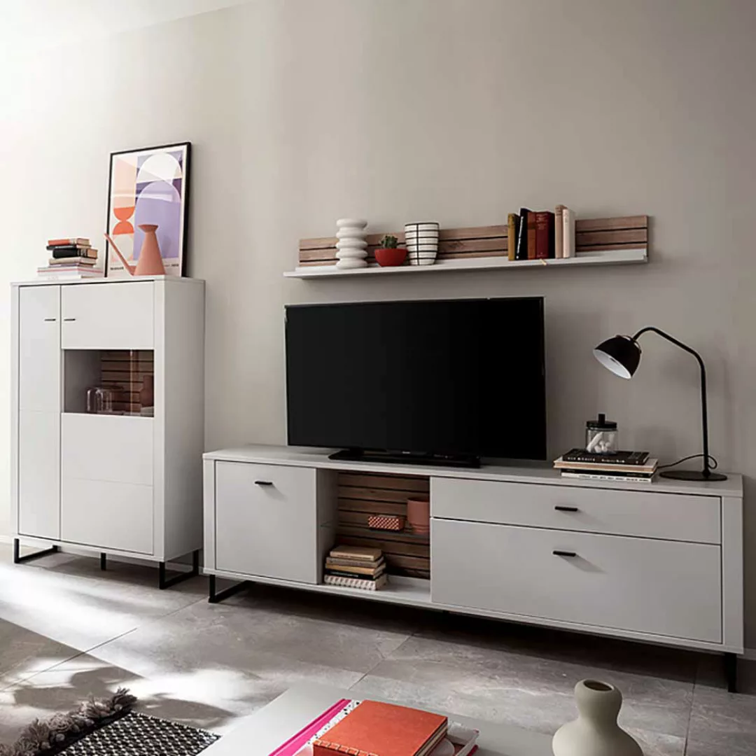 Schrankwand Wohnzimmer weiß und Wildeichefarben 152 cm hoch (dreiteilig) günstig online kaufen