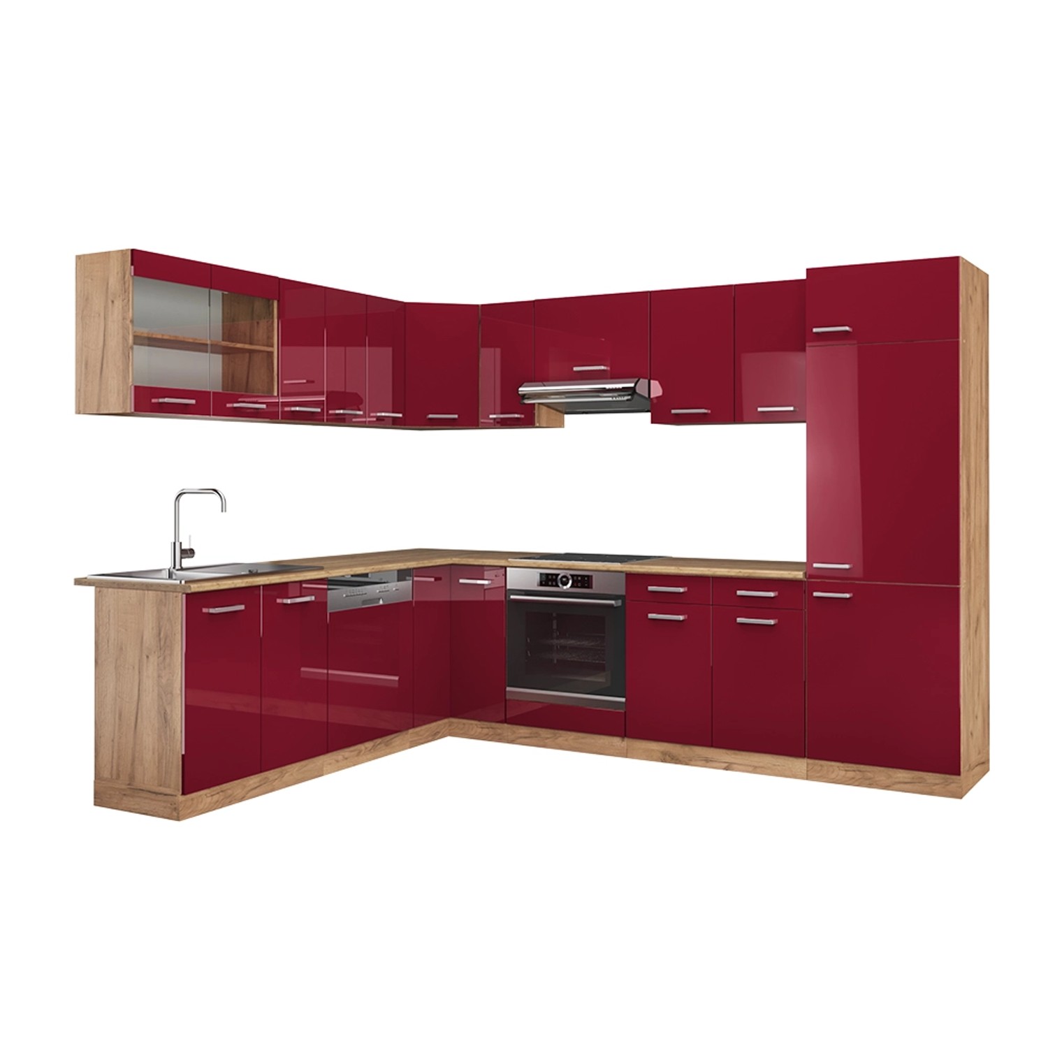 Vicco Winkelküche R-Line, Bordeaux Hochglanz/Goldkraft Eiche, günstig online kaufen