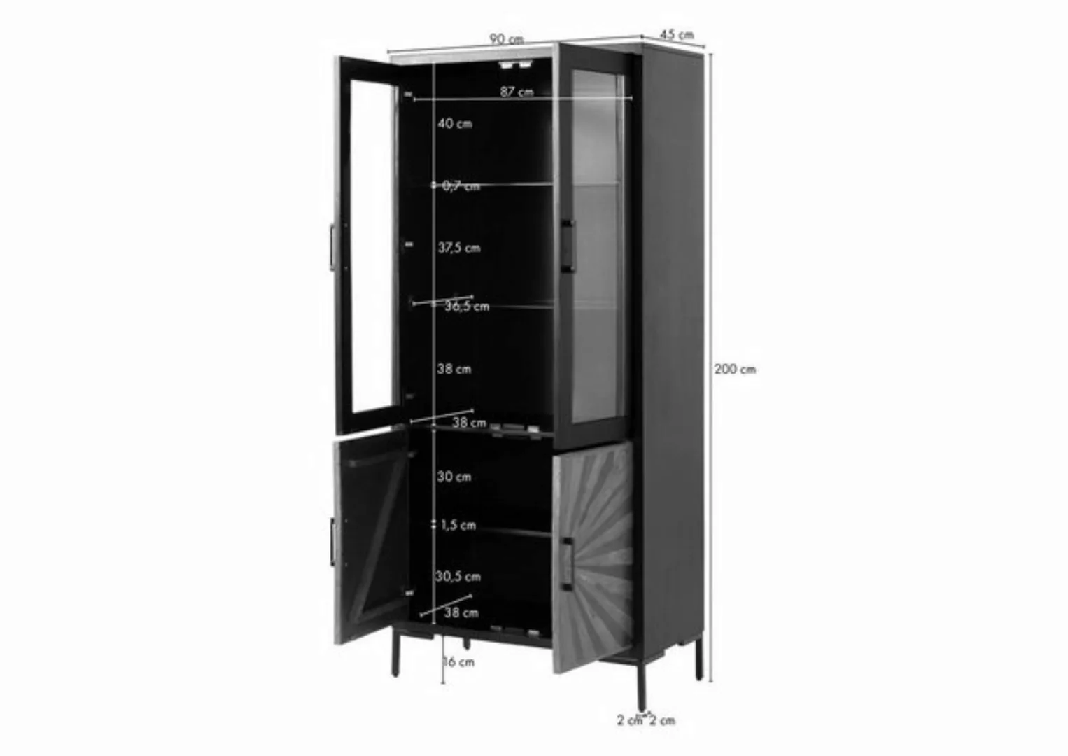 Massivmoebel24 Standvitrine Vitrine Sheesham 90x45x200 schwarz lackiert SUN günstig online kaufen