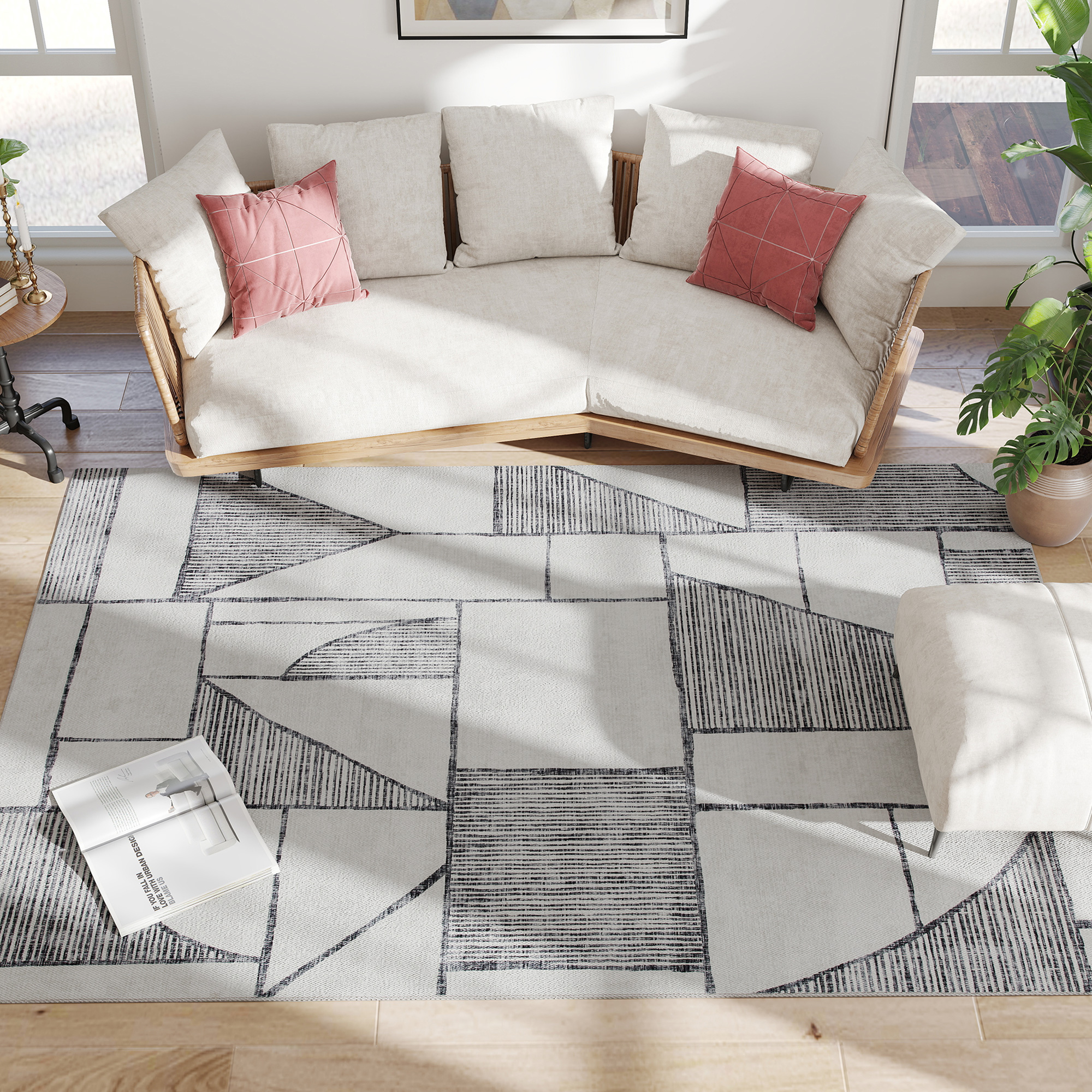 HOMCOM Rutschfester Moderner Teppich mit Geometrischen Linien, Polyester Wo günstig online kaufen