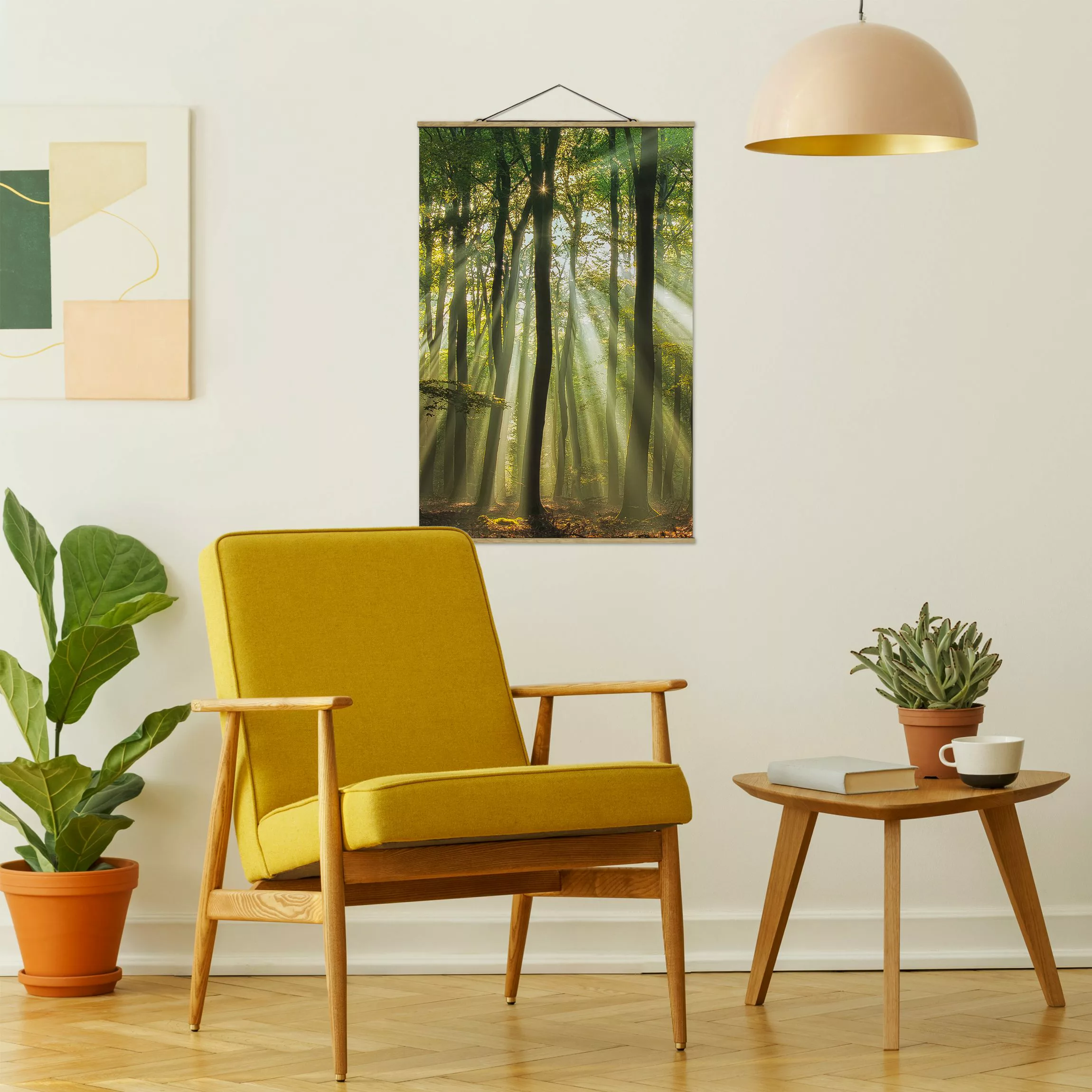 Stoffbild Wald mit Posterleisten - Hochformat Sonnentag im Wald günstig online kaufen