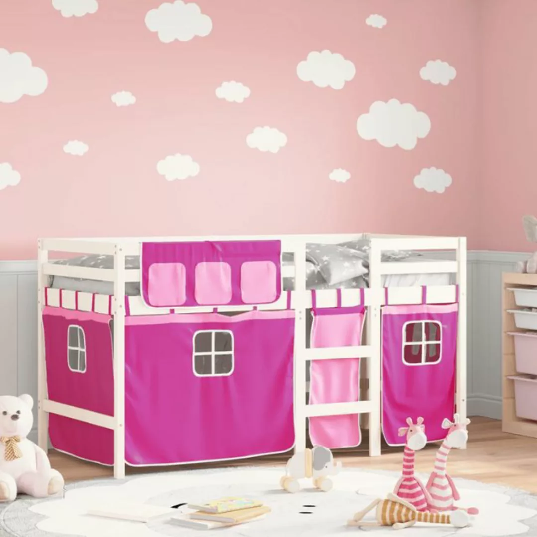 vidaXL Etagenbett Kinderhochbett mit Vorhängen Rosa 90x200 cm Massivholz Ki günstig online kaufen