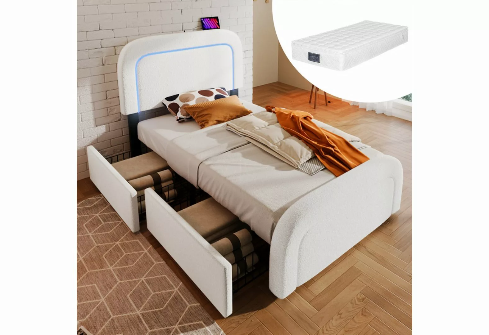 REDOM Polsterbett Doppelbett (LED Beleuchtung, Holzbett), 90x200cm Mit- Mat günstig online kaufen