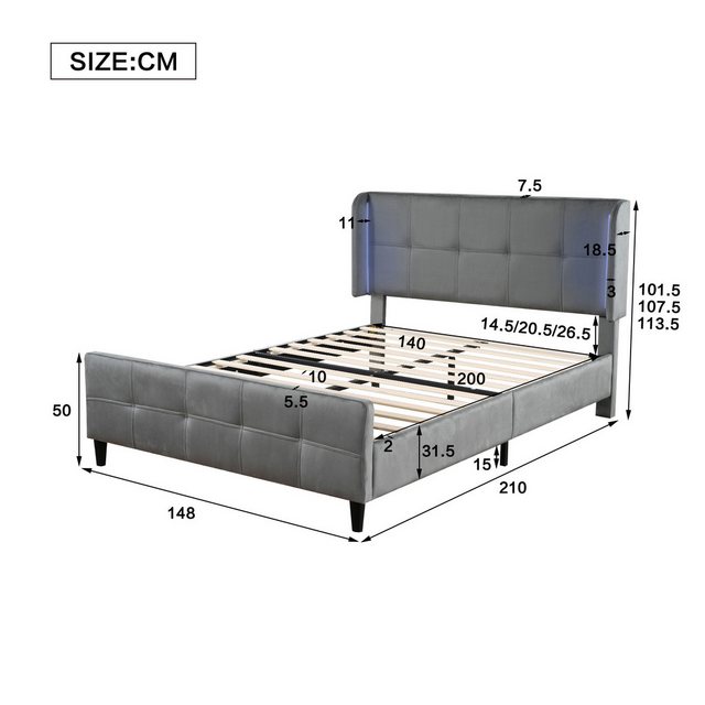 HAUSS SPOLE Polsterbett 140x200cm mit LED-Leisten, höhenverstellbares Kopft günstig online kaufen