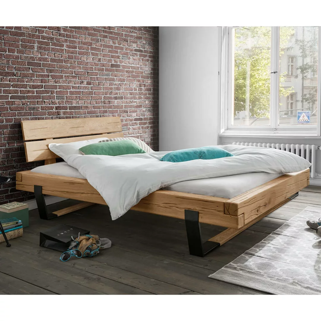 Massivholz Doppelbett, 200x200 cm, Eiche massiv, Holzkopfteil, schwarze Met günstig online kaufen