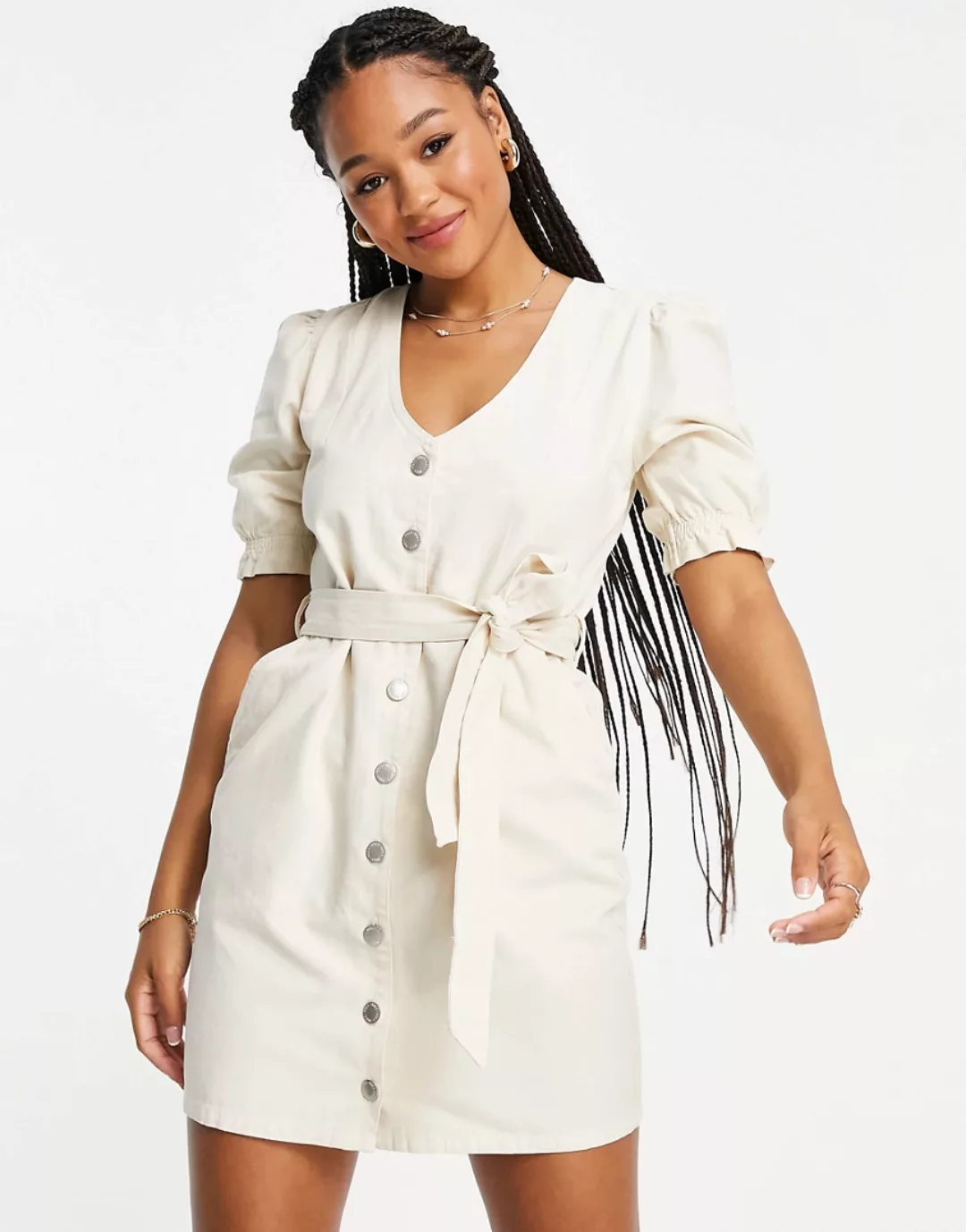 Miss Selfridge – Jeanskleid in Elfenbein mit Puffärmeln-Weiß günstig online kaufen
