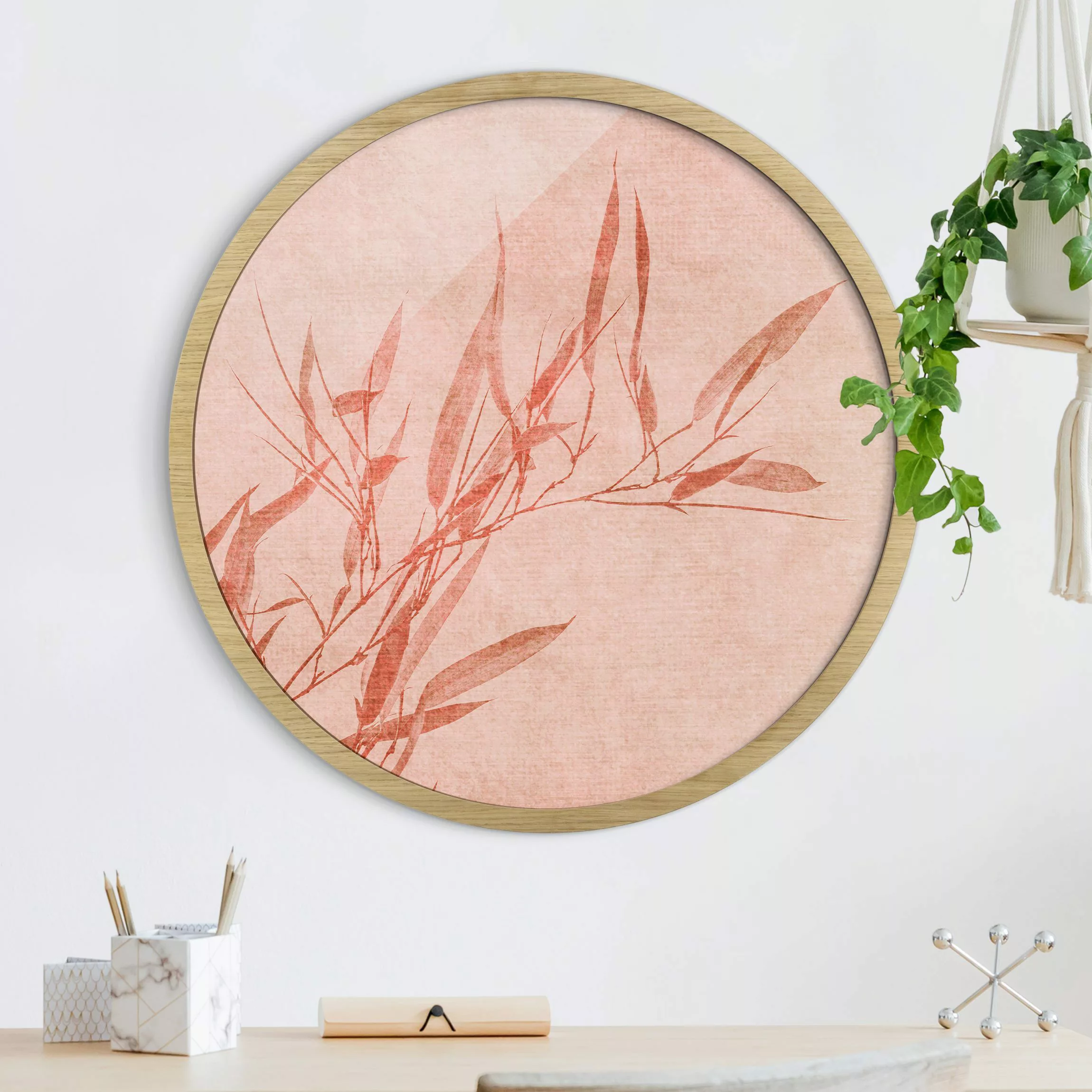 Rundes Gerahmtes Bild Goldene Sonne mit Rosa Bambus günstig online kaufen