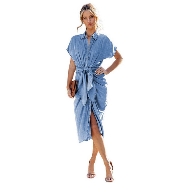 KIKI Strandkleid Schmal geschnittenes Jeanskleid mit Hemdkragen und Schlitz günstig online kaufen