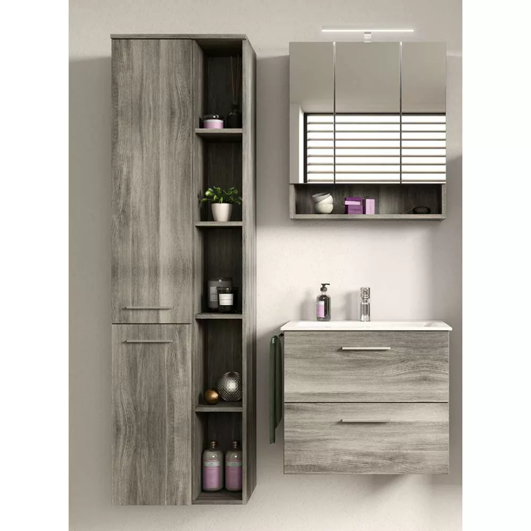 Badezimmermöbel Set modern in Rauchgrau Holz NB die Wandmontage (dreiteilig günstig online kaufen