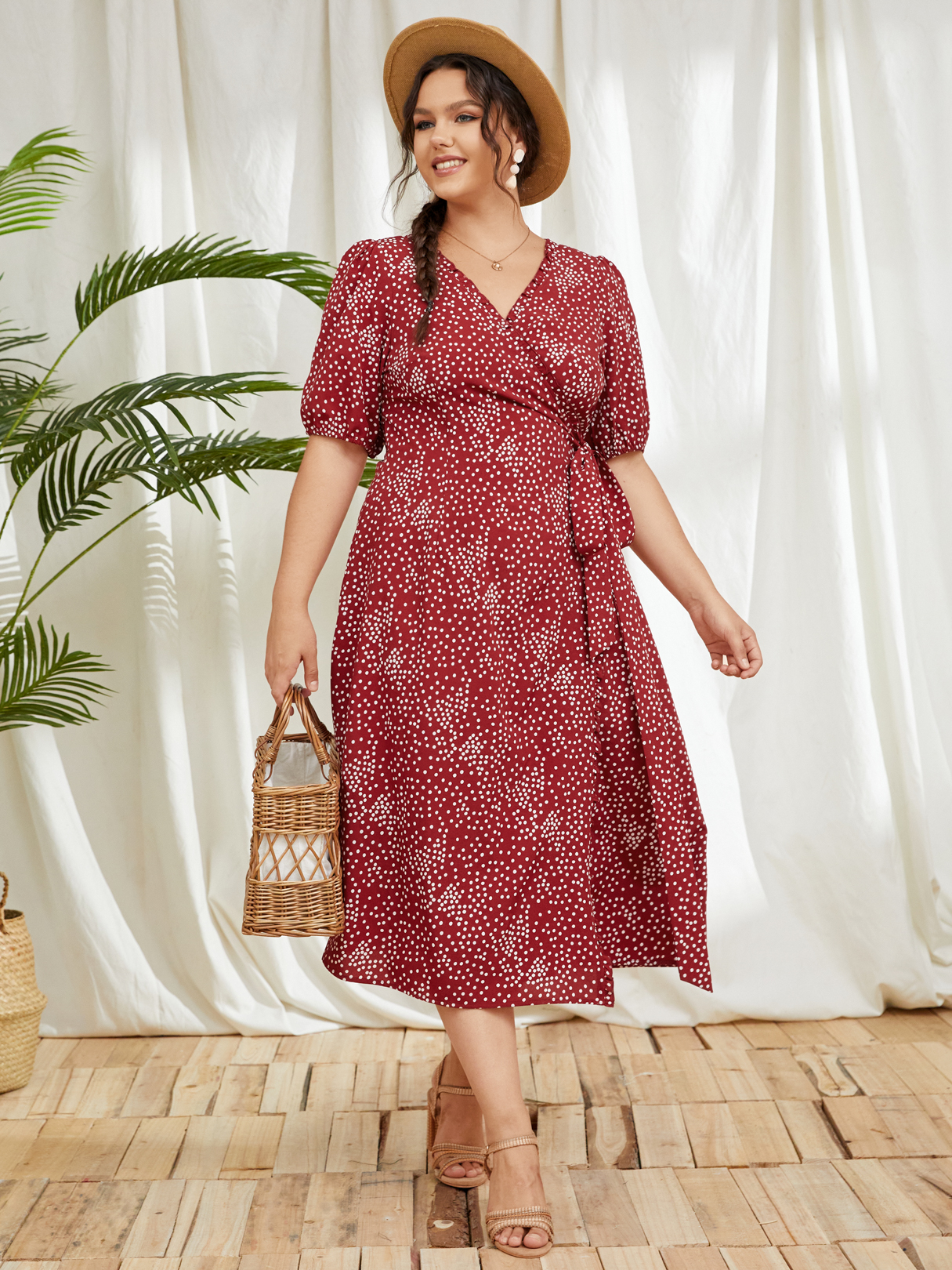 YOINS Plus Size Polka Dot Crossed Front Design Schlitz Design Halbarm Kleid günstig online kaufen