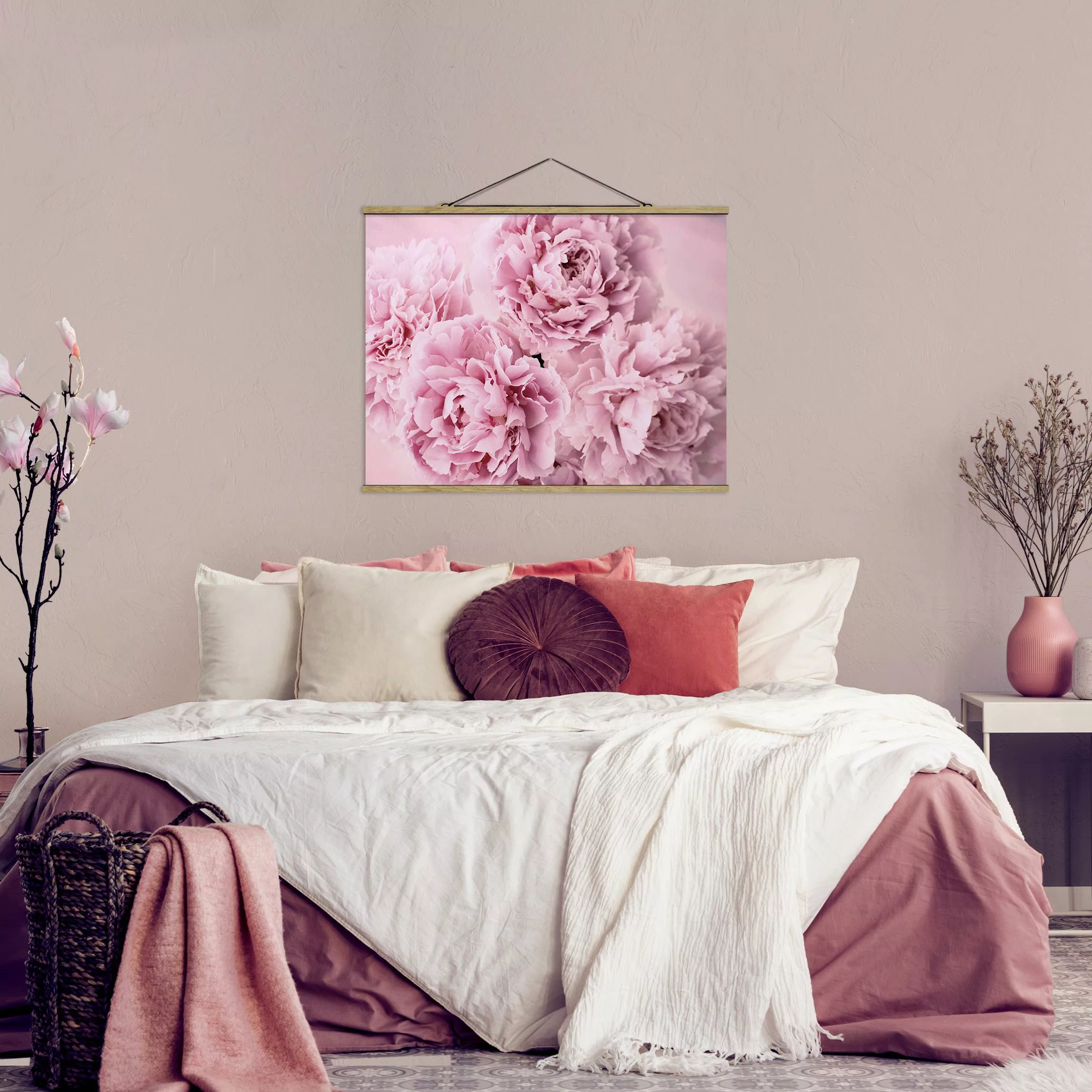 Stoffbild Blumen mit Posterleisten - Querformat Rosa Pfingstrosen günstig online kaufen