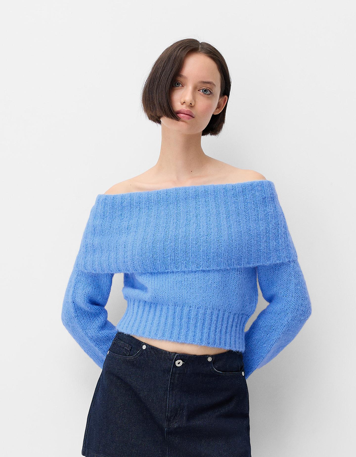 Bershka Pullover Mit Carmen-Ausschnitt Und Patentmuster Damen M Hellblau günstig online kaufen