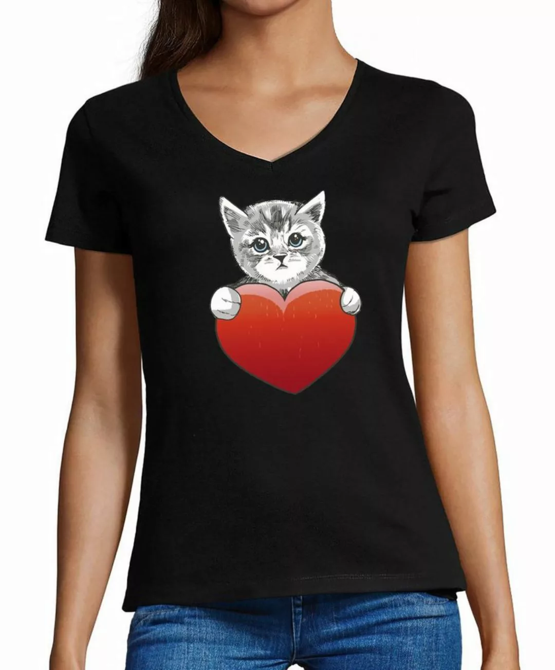 MyDesign24 T-Shirt Damen Katzen Print Shirt bedruckt - Katze mit rotem Herz günstig online kaufen