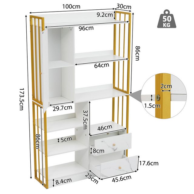 HT Bücherregal Standregal, 174 x 100 x 30cm, Bücherschrank mit 6 offenen Re günstig online kaufen