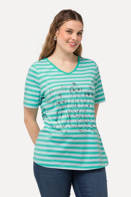 Ulla Popken T-Shirt T-Shirt Ringel Metallic-Tiermotiv V-Ausschnitt günstig online kaufen