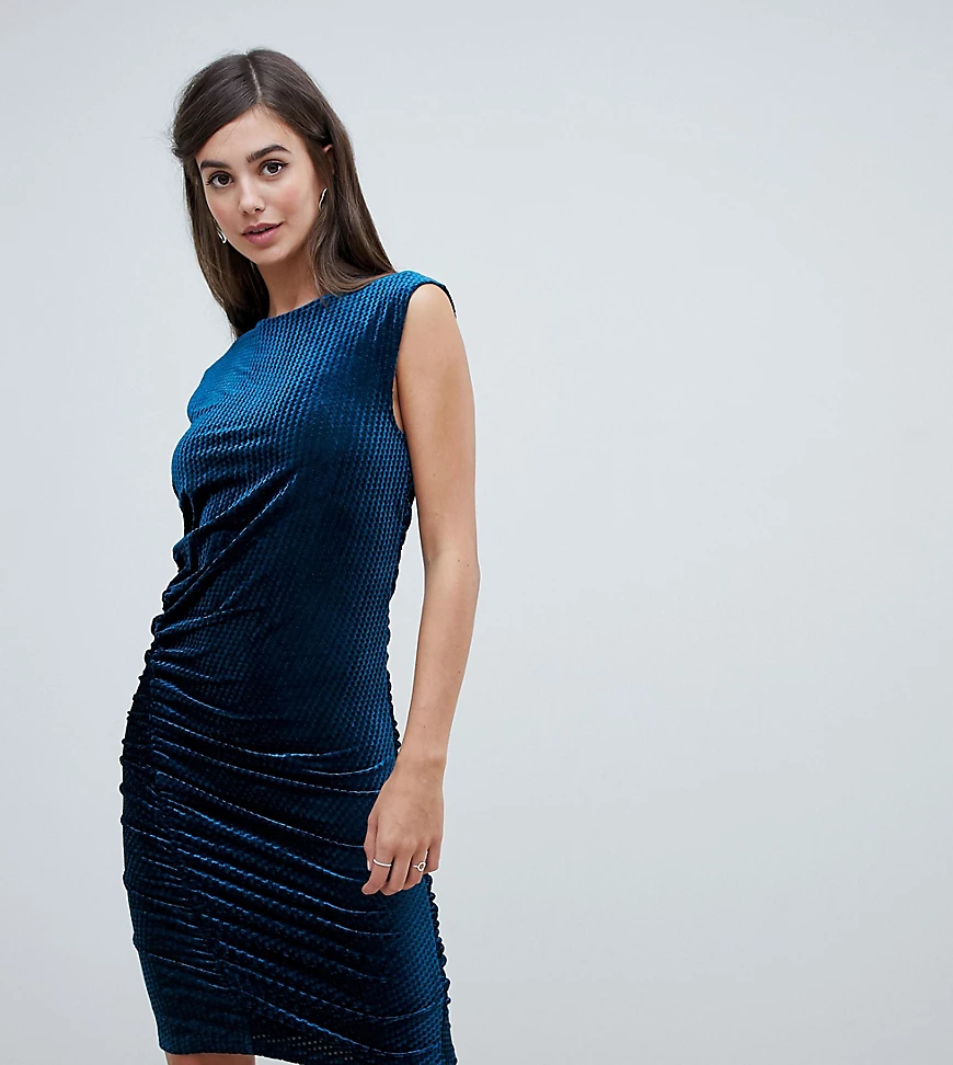 Y.A.S Tall – Velvur – Gerafftes Samtkleid-Blau günstig online kaufen