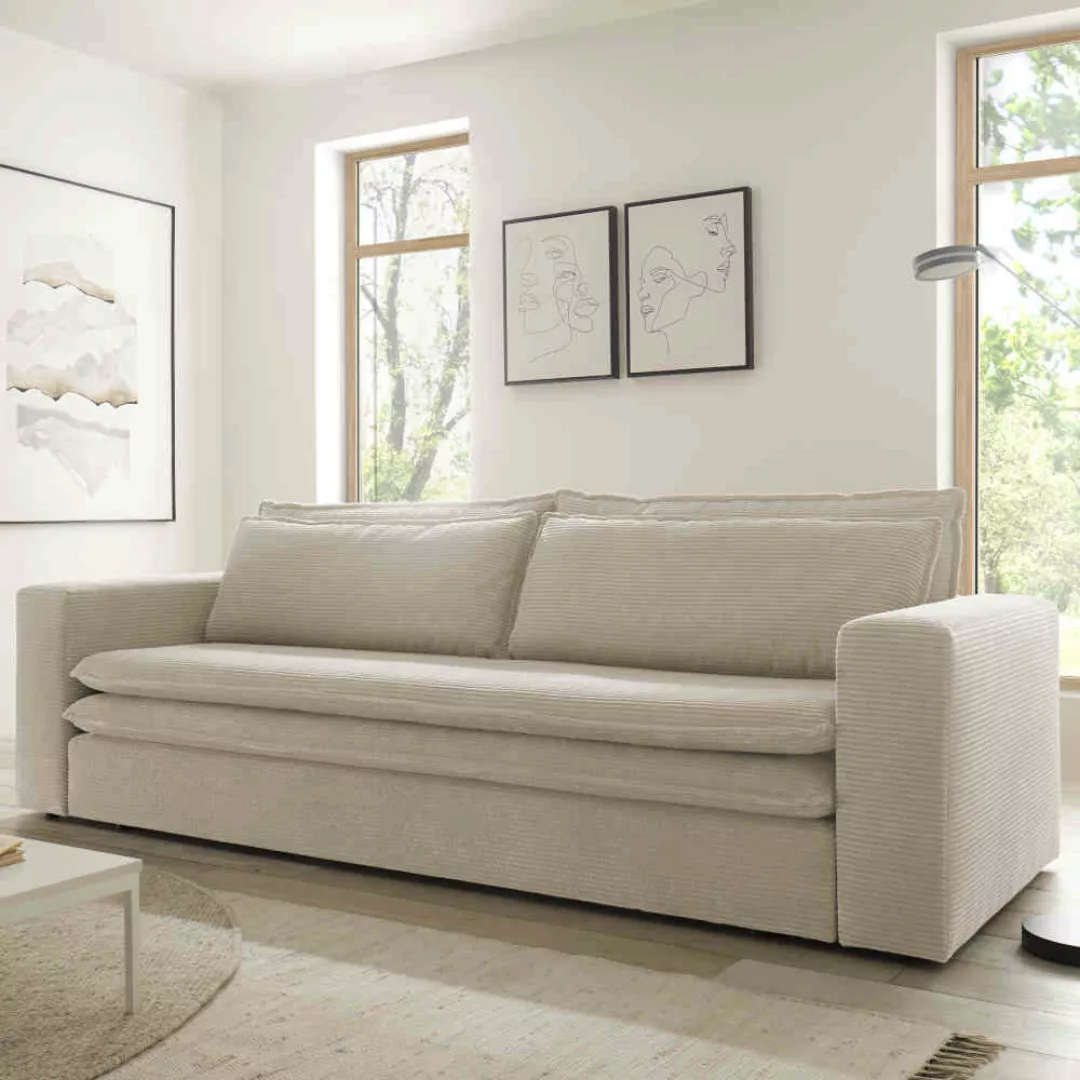 Couch mit Schlaffunktion in Beige Cord 244 cm breit - Dreisitzer günstig online kaufen