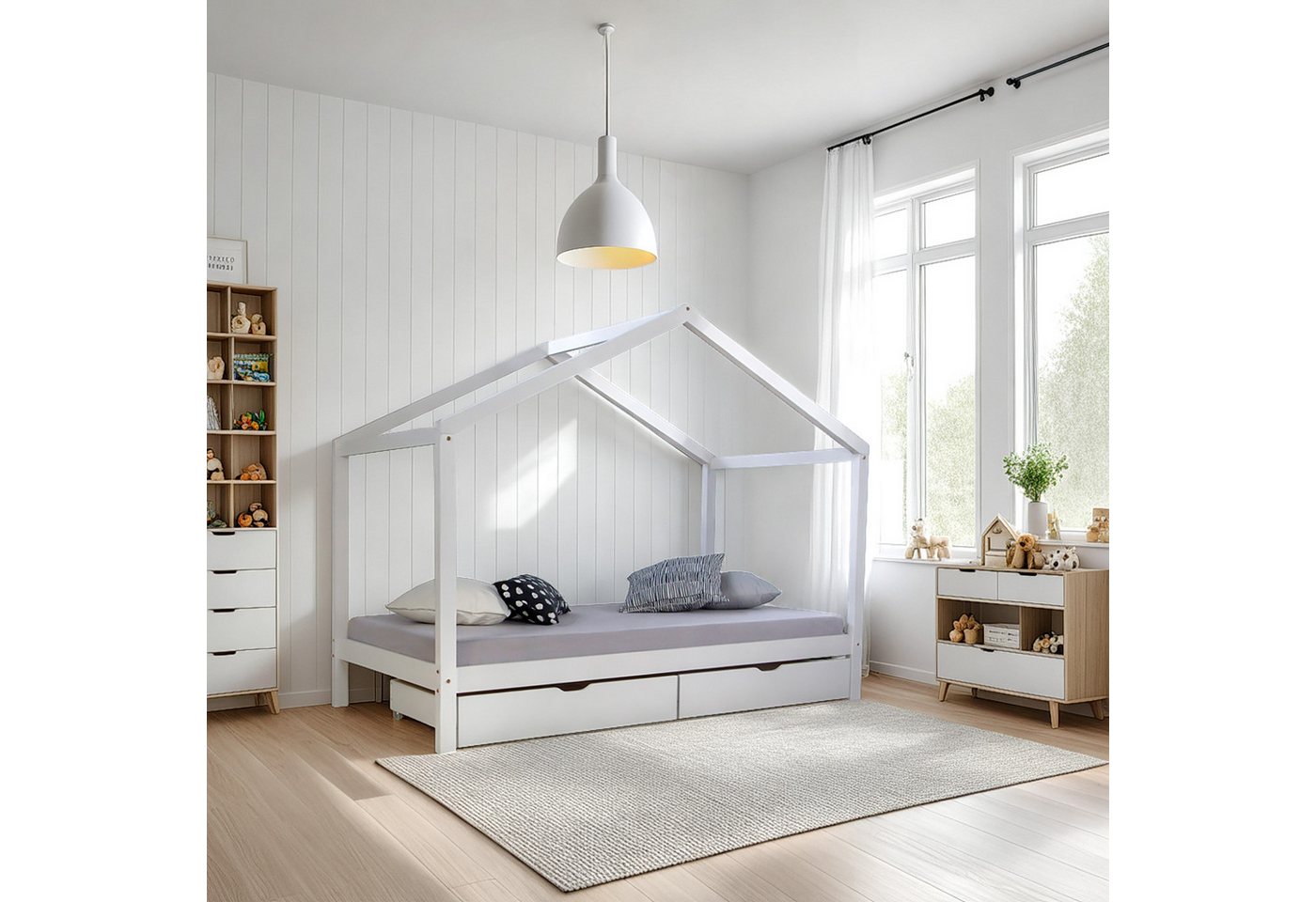 Homestyle4u Kinderbett 90x200 Hausbett Kinderhaus Holzbett Bettkasten (mit günstig online kaufen