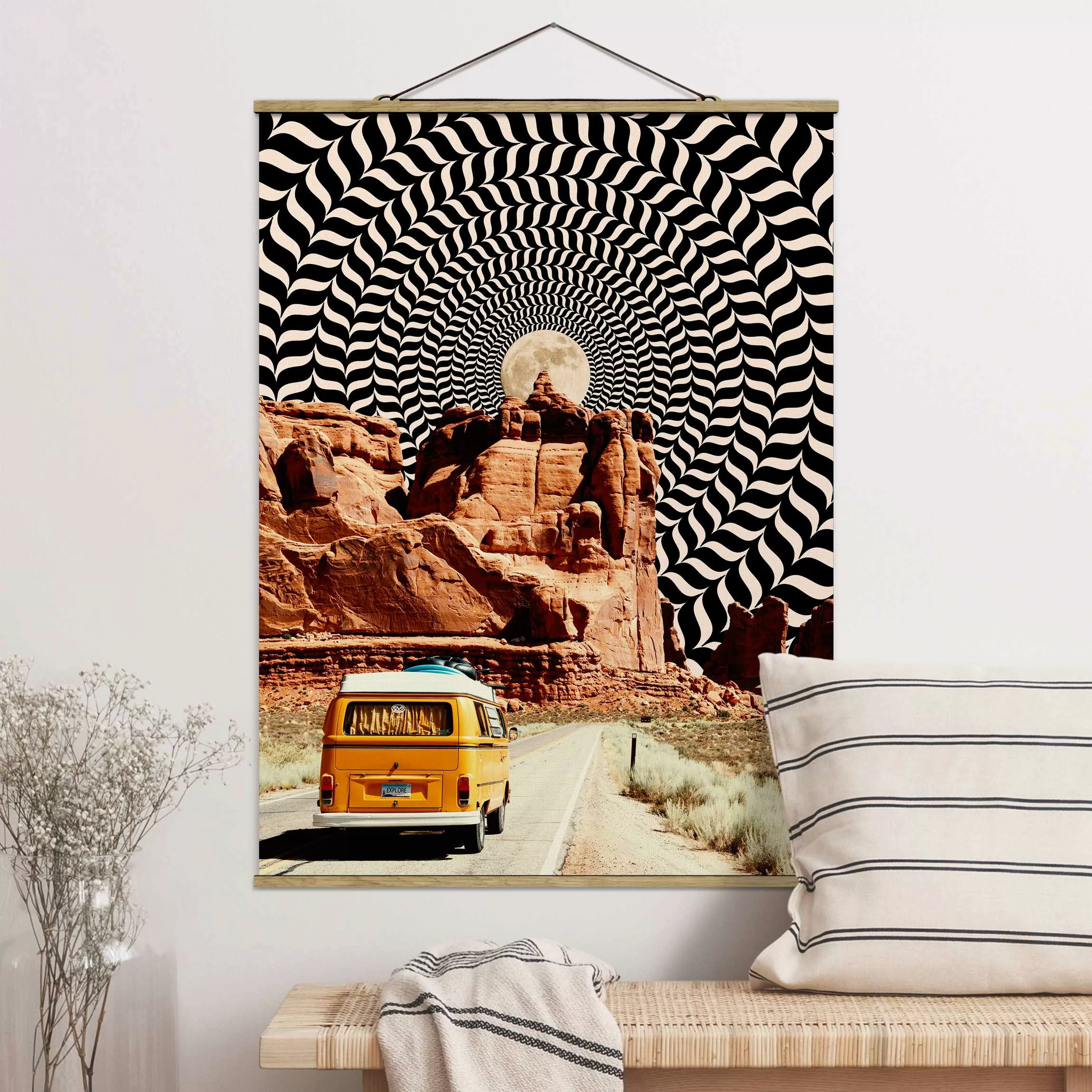 Stoffbild mit Posterleisten Retro Collage - Der beste Roadtrip II günstig online kaufen