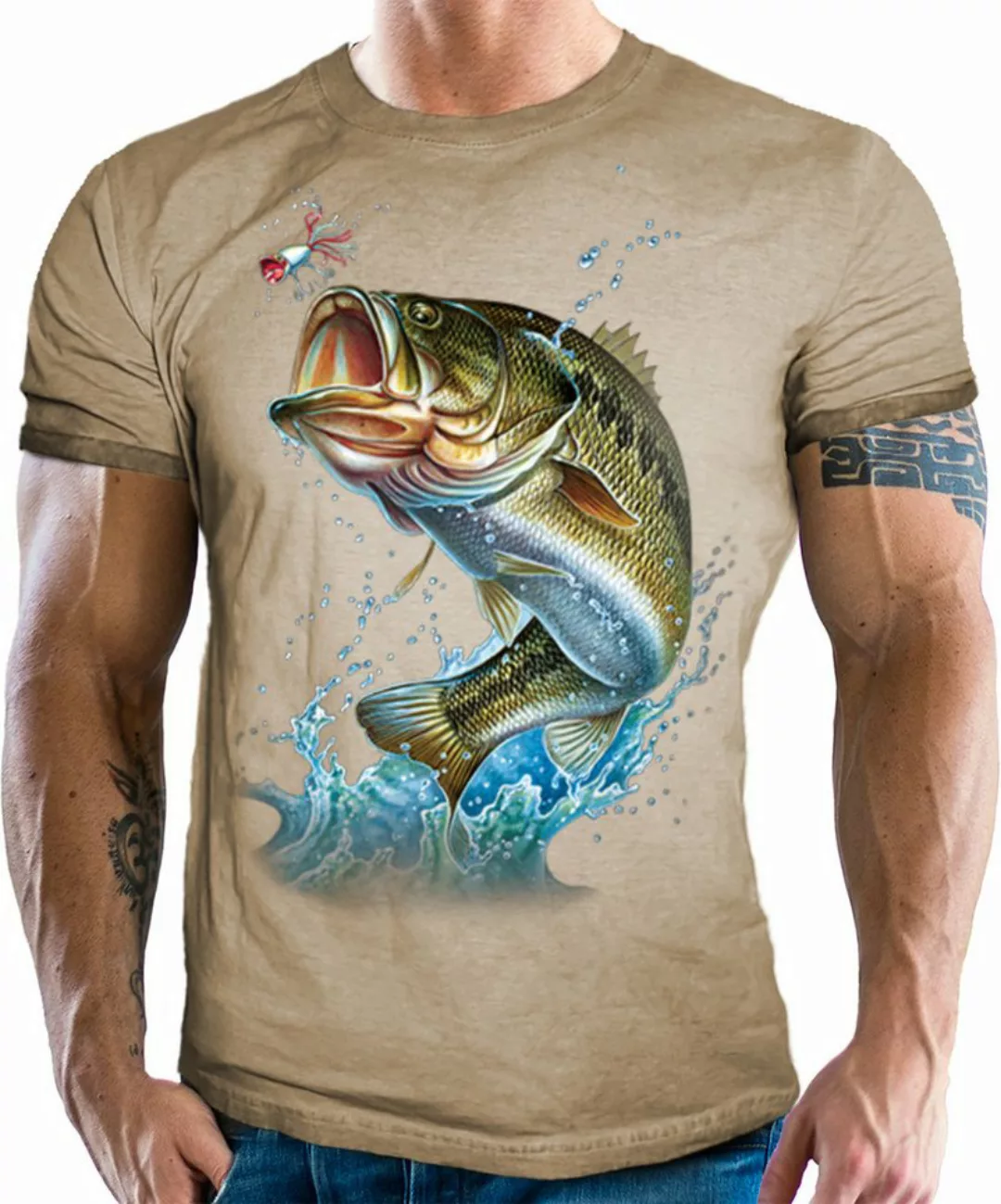 LOBO NEGRO® T-Shirt als Geschenk für Angler und Fischer: Barsch Used Look günstig online kaufen