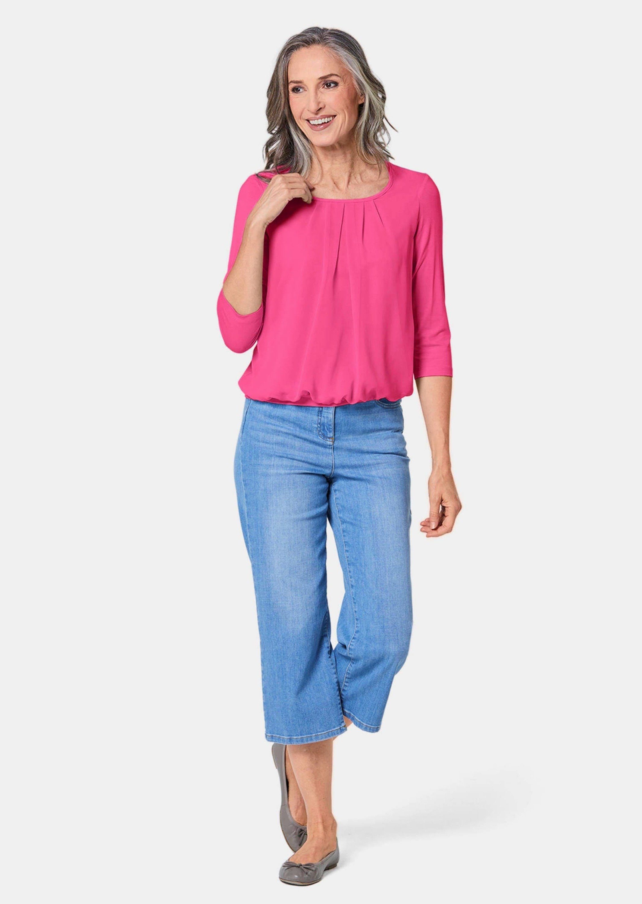 GOLDNER Kurzarmbluse Kurzgröße: Chiffon-Shirt gelb, Rundhals günstig online kaufen